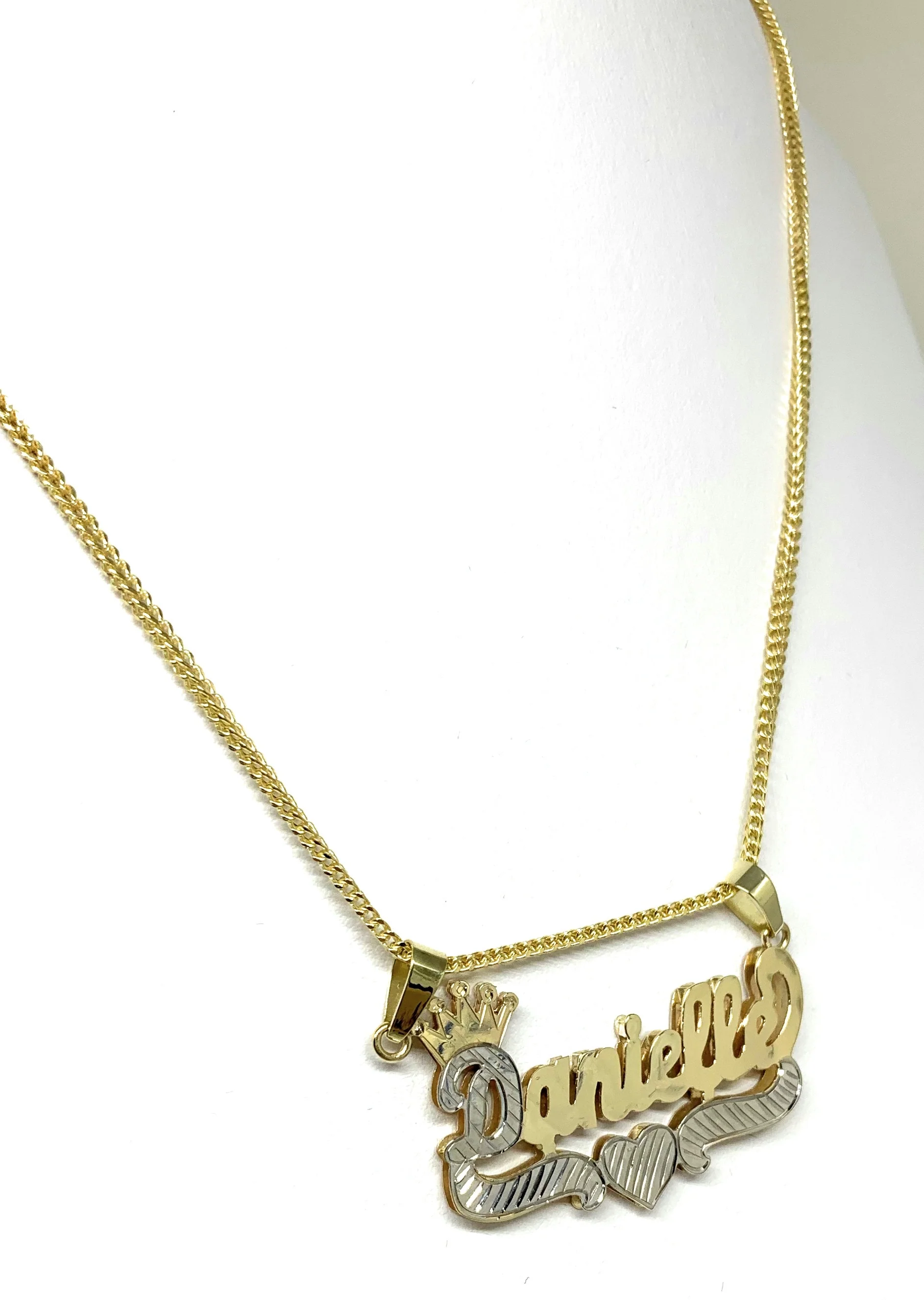14k Solid Gold Yellow & White Custom CROWN CURSIVE WITH HEARTS 3D DOUBLE NAME ILLUSION  Nameplate Pendant Necklace with Chain Options - Image 4