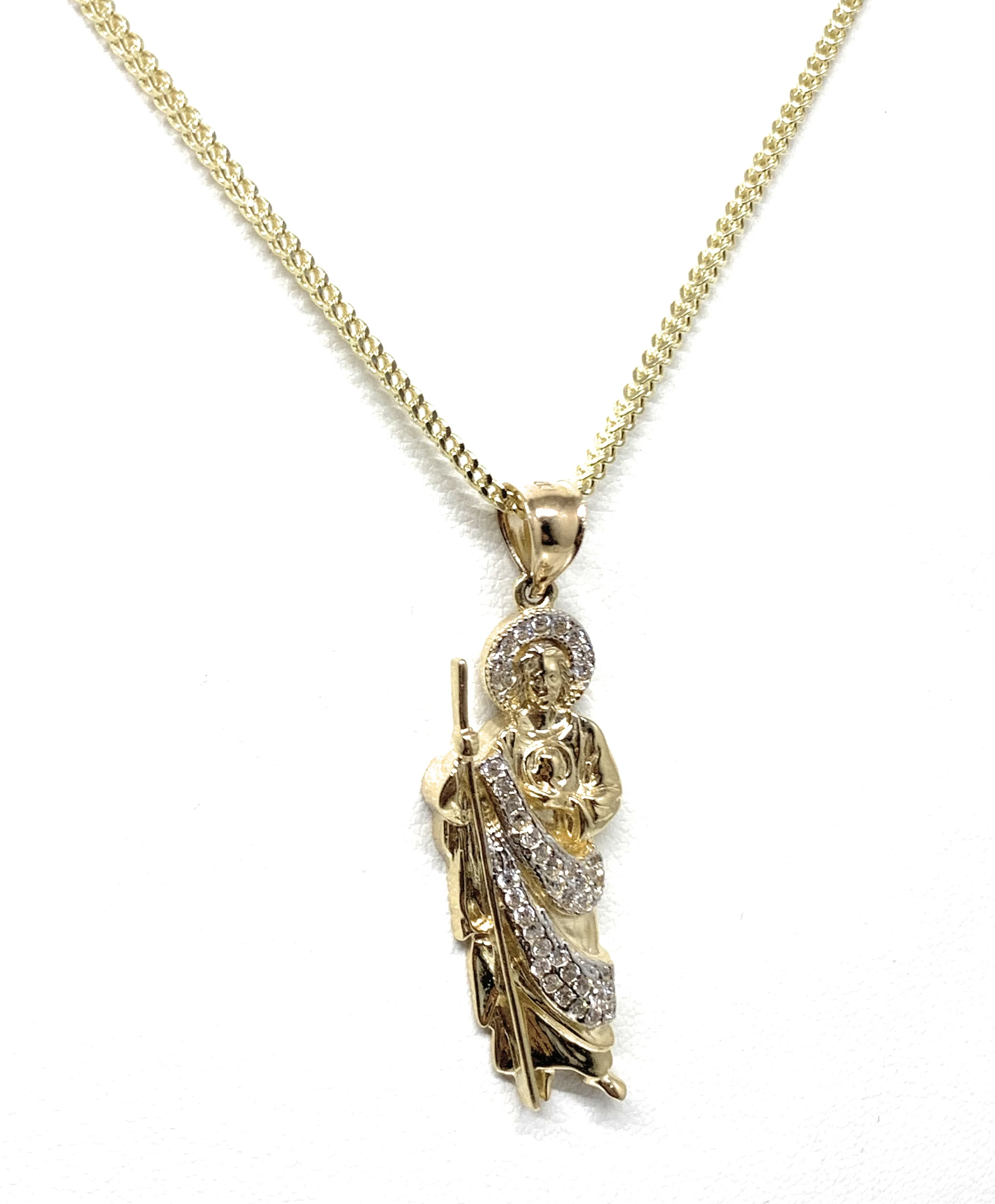 14k Solid Gold Yellow White CZ Saan Judas Saaint Jude Pendant with Chain Optional (SM) - Image 6