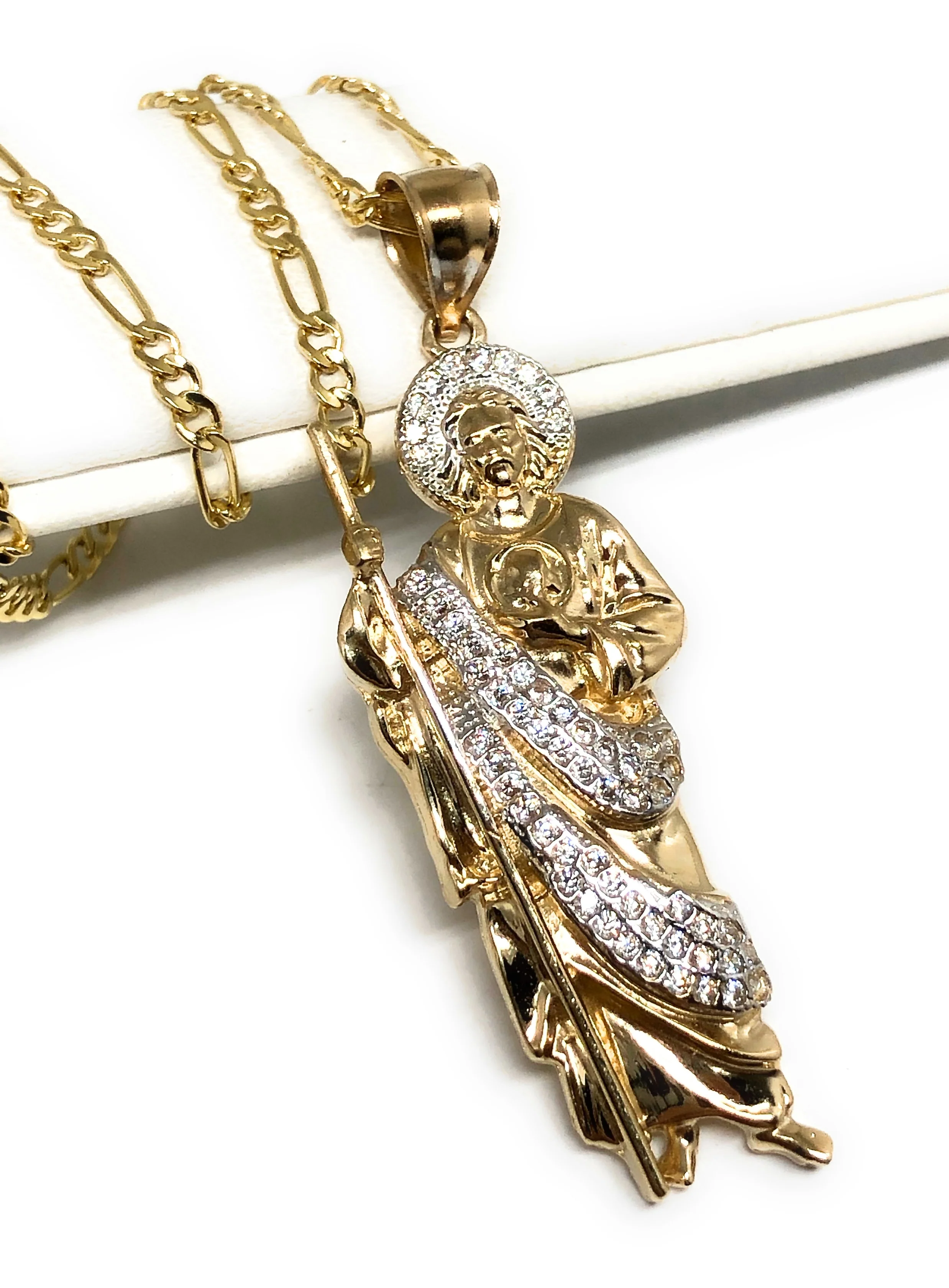 14k Solid Gold Yellow White CZ Saan Judas Saaint Jude Pendant with Chain Optional (SM,MED) - Image 3