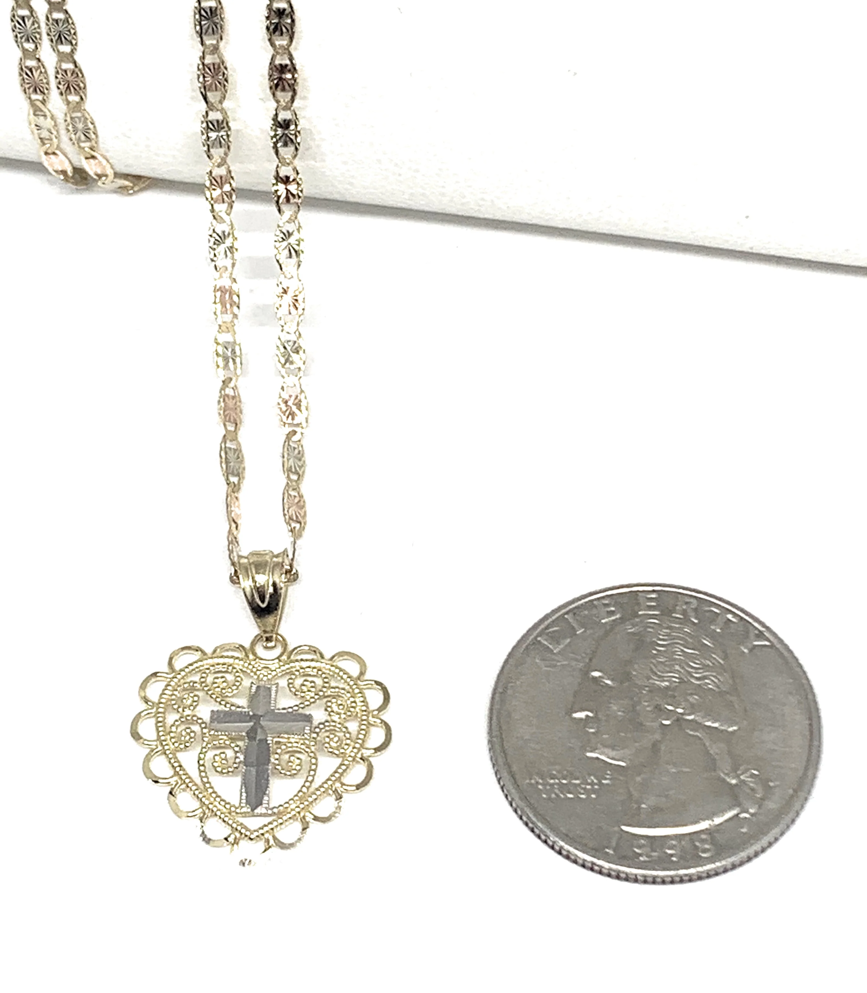 14k Solid Gold Yellow & White Gold Cross Heart Filigran Pendant Necklace - Image 2