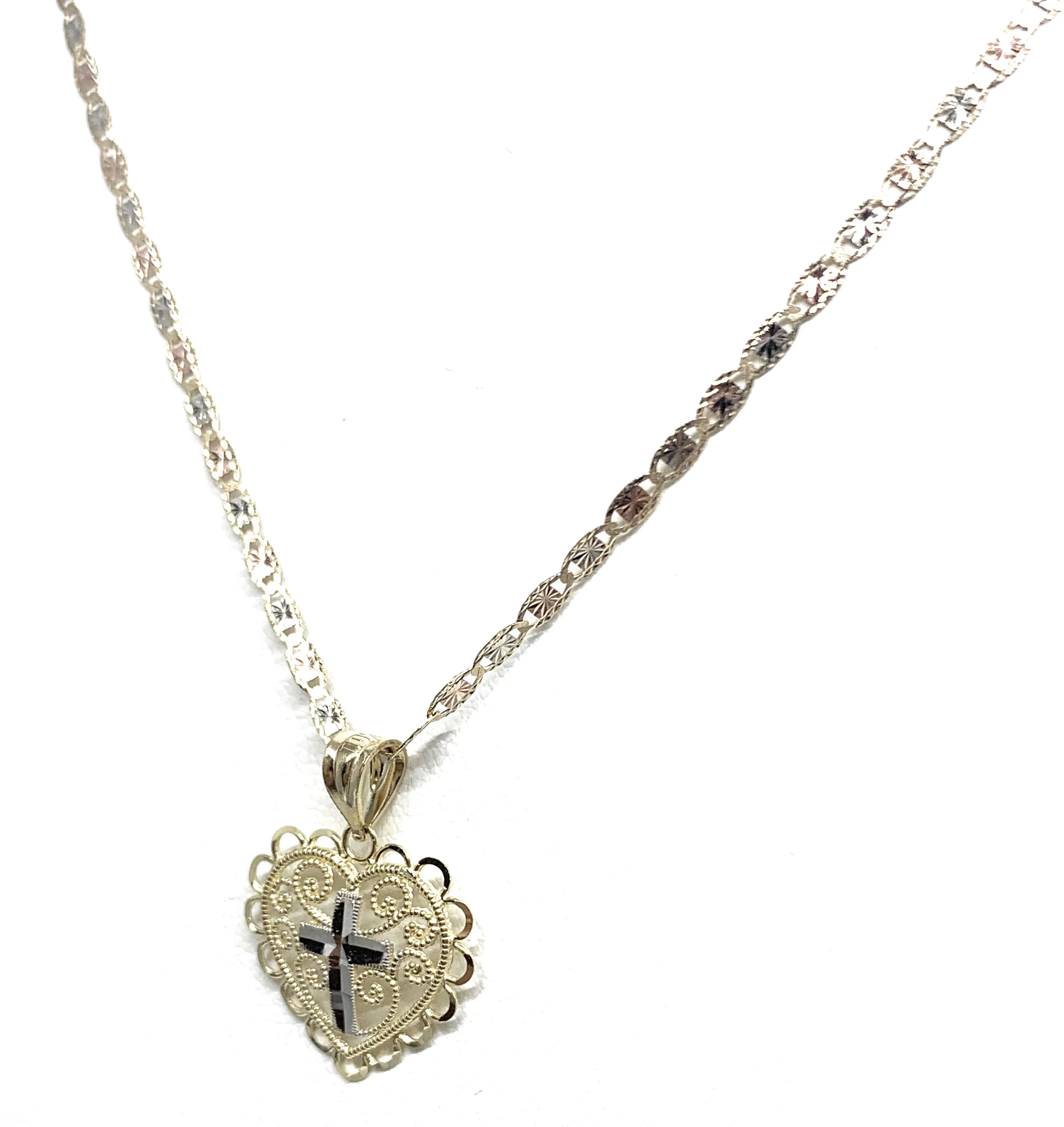 14k Solid Gold Yellow & White Gold Cross Heart Filigran Pendant Necklace - Image 5
