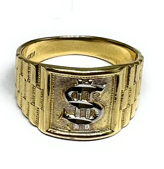 14k Solid Gold Yellow & White Gold Dollar Sign Money Ring