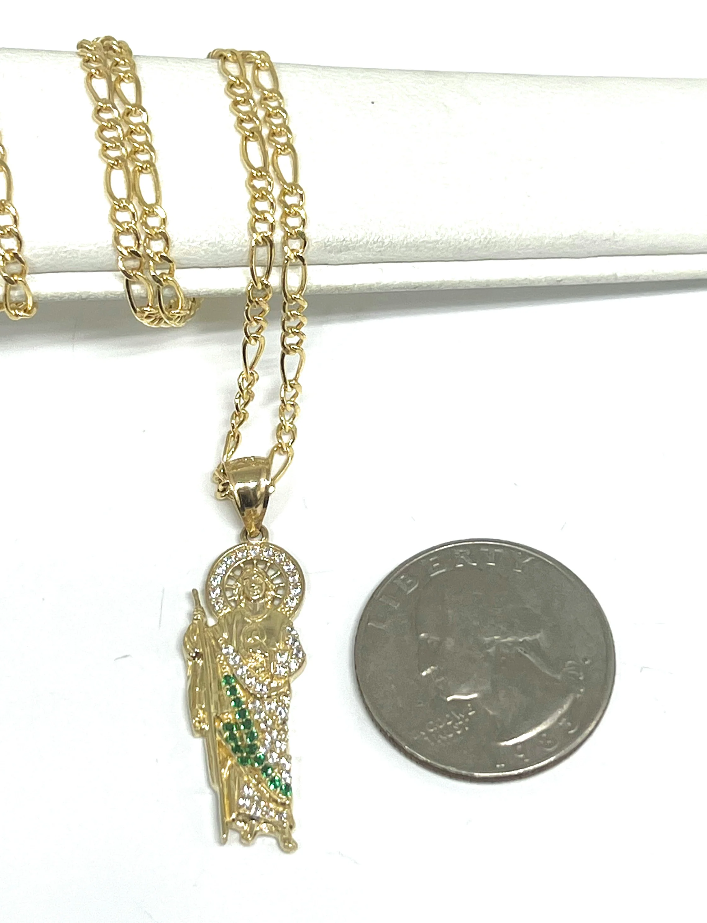14k Solid Gold Yellow White, Green CZ Saan Judas Saaint Jude Necklace Pendant - Image 2