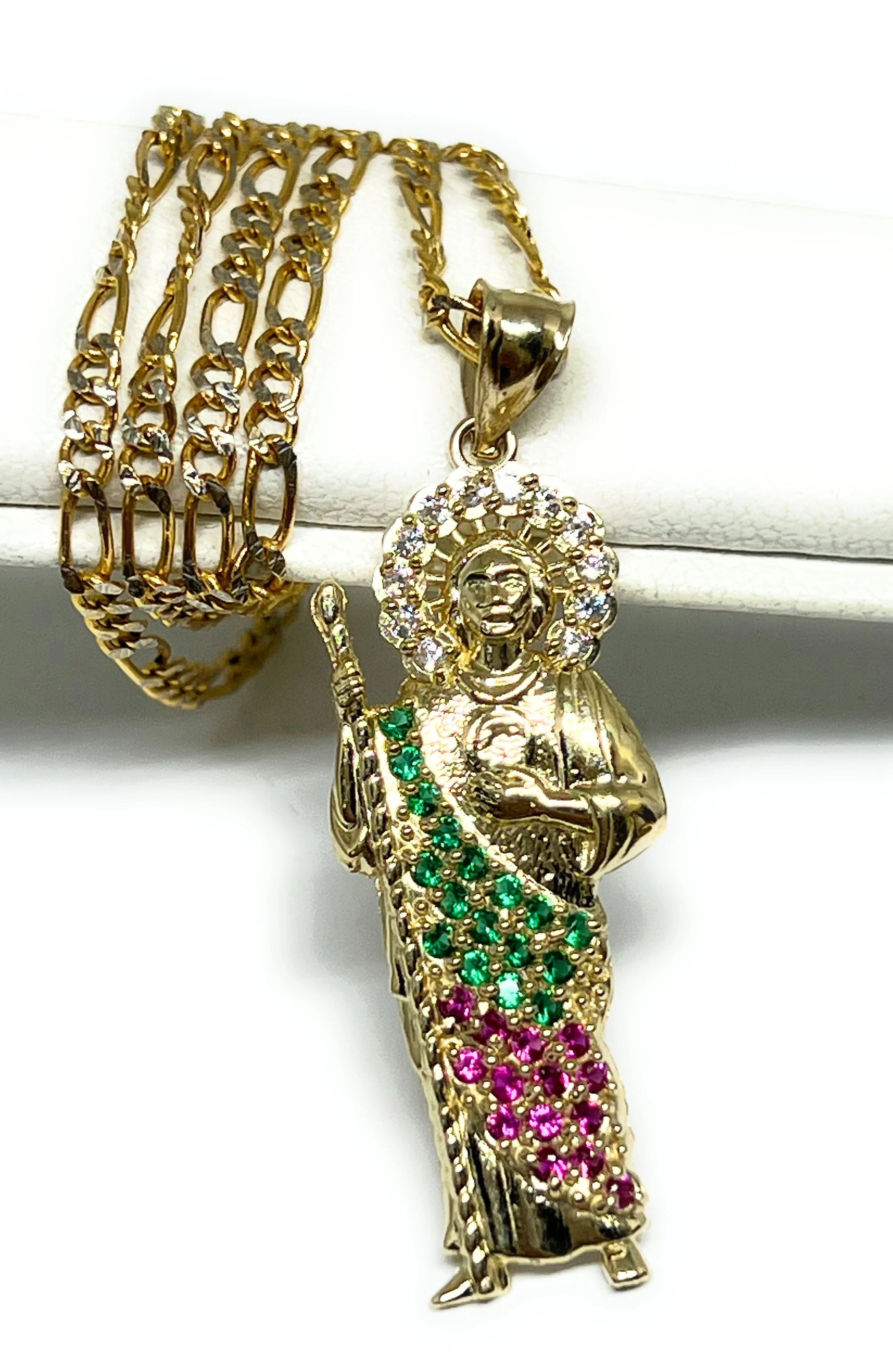 14k Solid Gold Yellow White, Green, Red CZ Saan Judas Saaint Jude Necklace Pendant