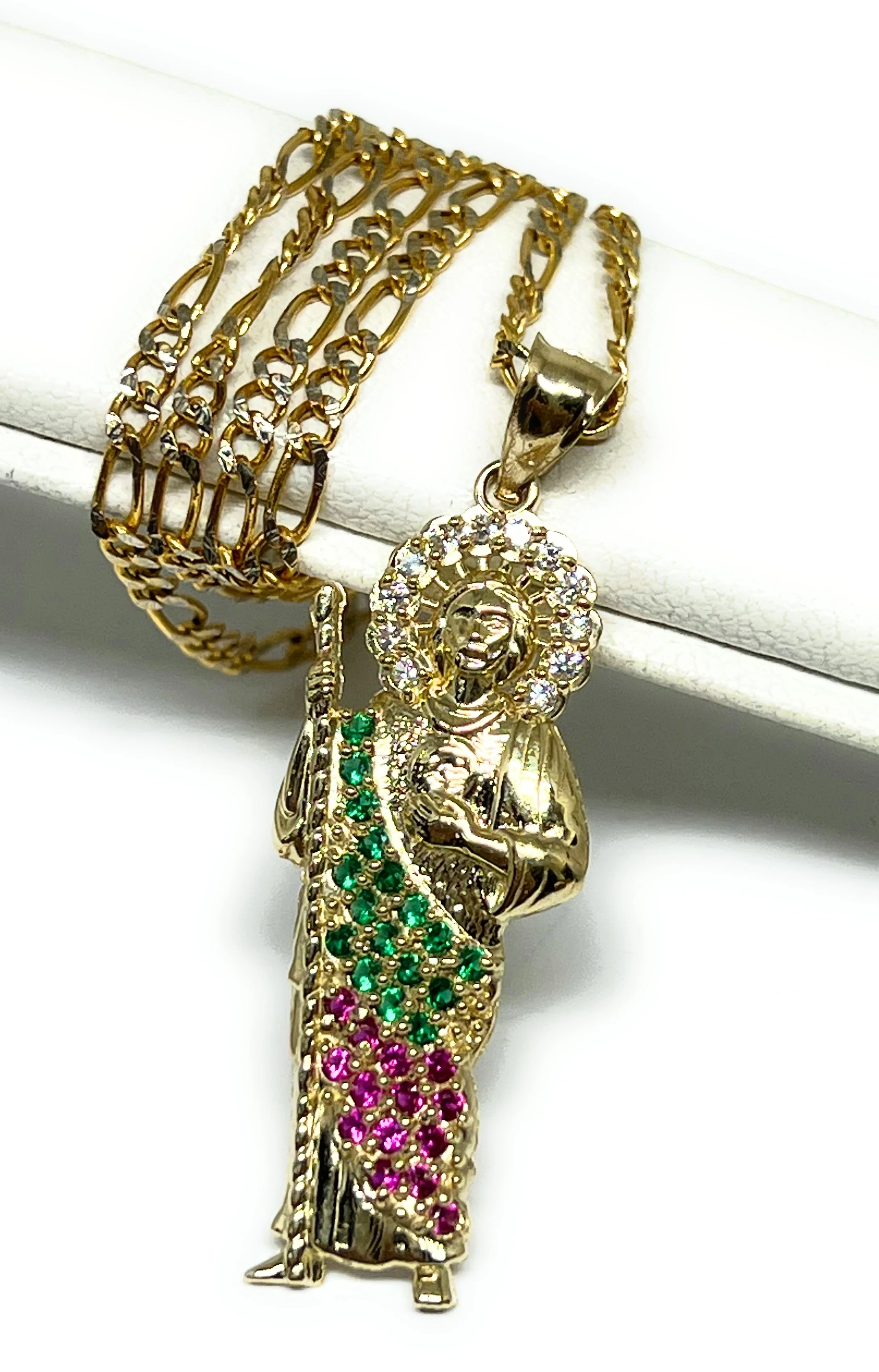 14k Solid Gold Yellow White, Green, Red CZ Saan Judas Saaint Jude Necklace Pendant - Image 4