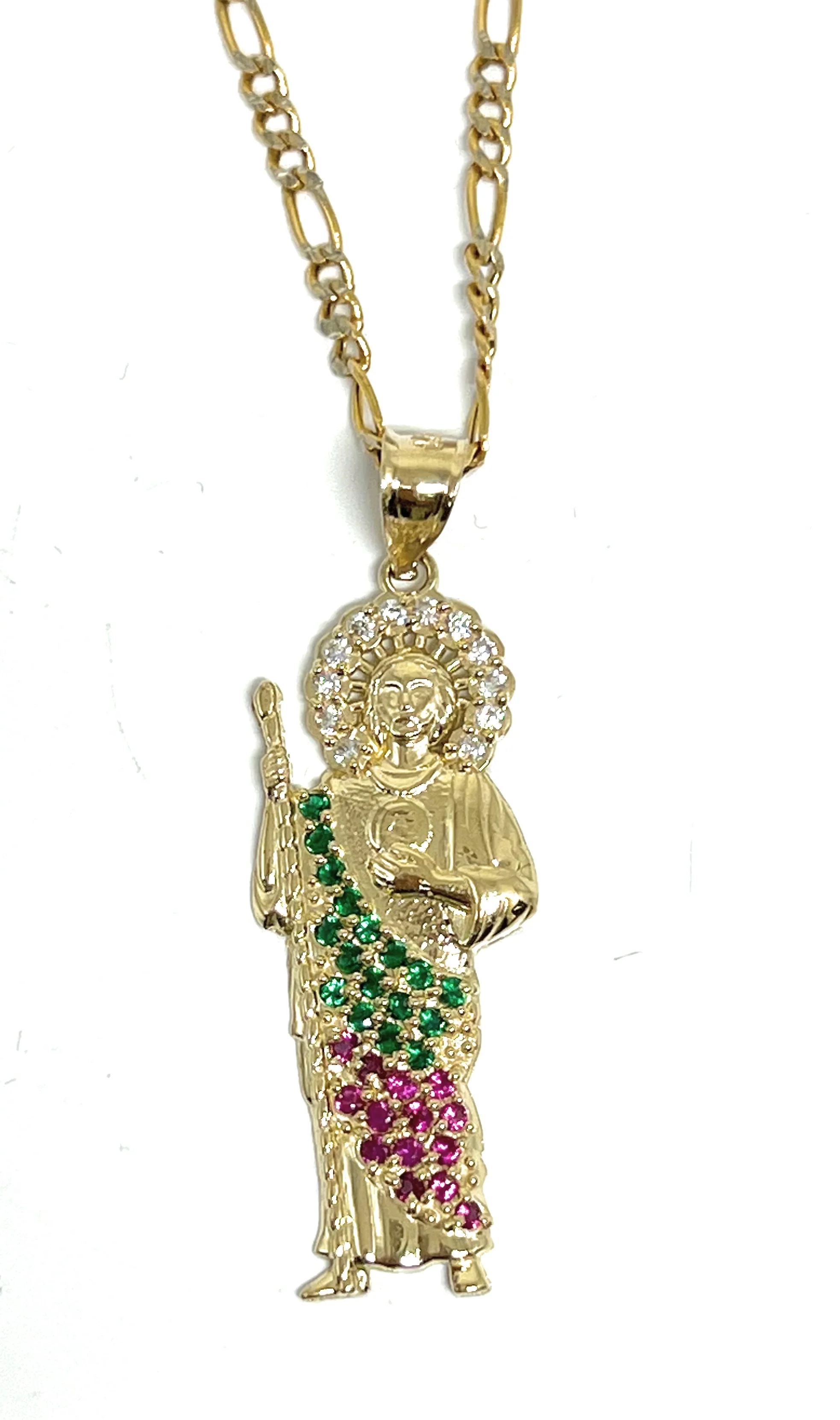 14k Solid Gold Yellow White, Green, Red CZ Saan Judas Saaint Jude Necklace Pendant - Image 6