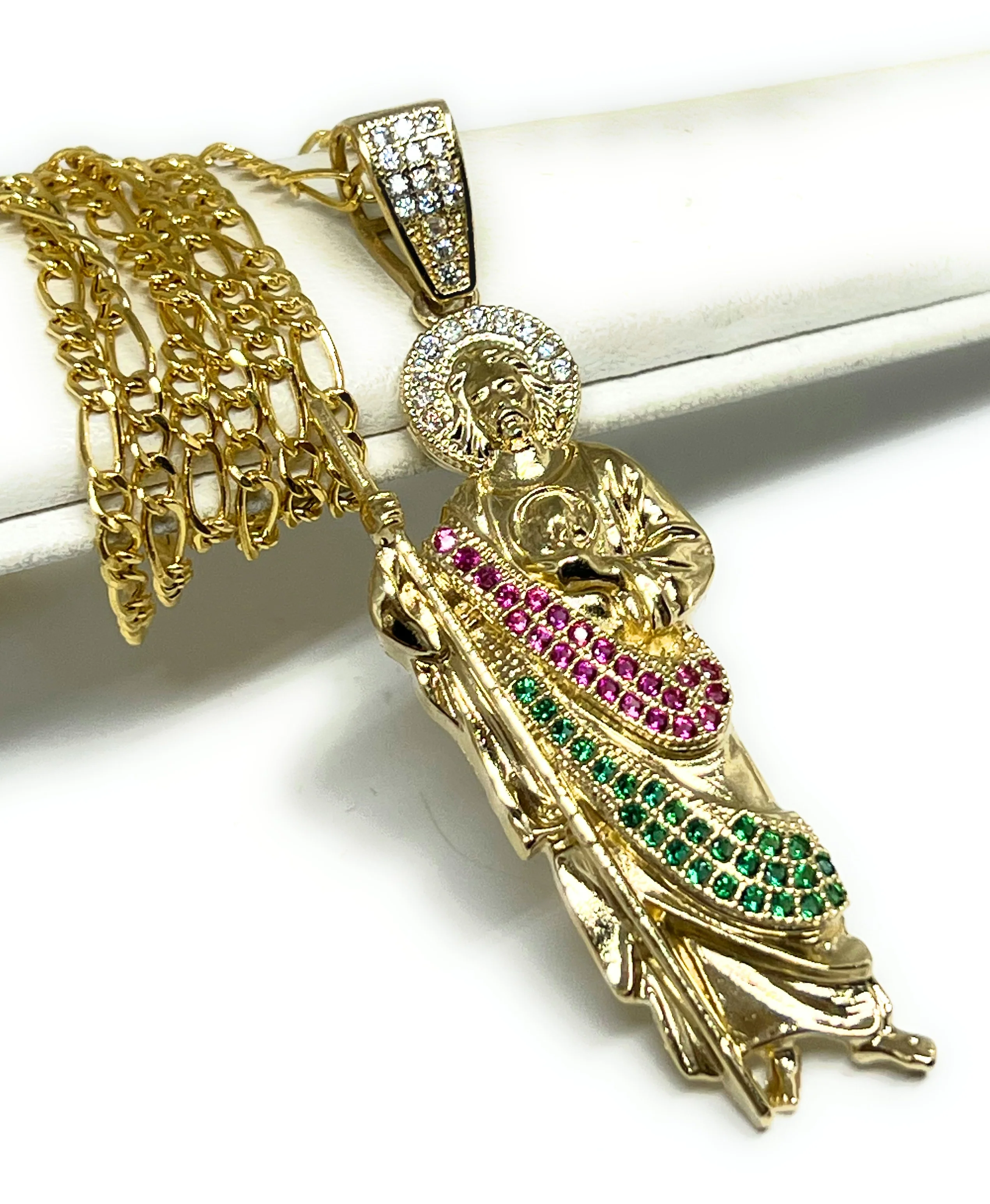 14k Solid Gold Yellow White, Green, Red CZ Saan Judas Saaint Jude Pendant with Chain Optional - Image 2
