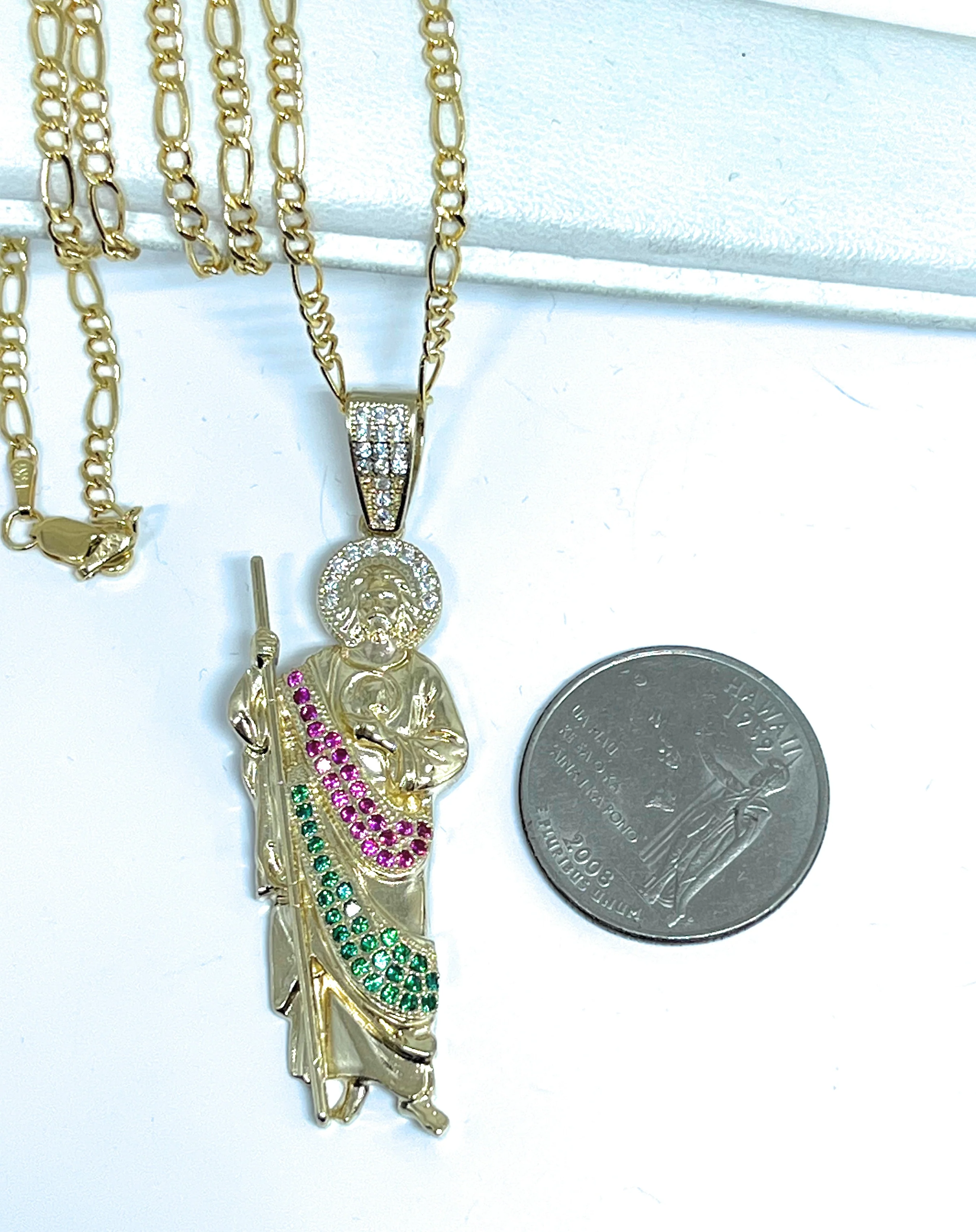 14k Solid Gold Yellow White, Green, Red CZ Saan Judas Saaint Jude Pendant with Chain Optional - Image 3