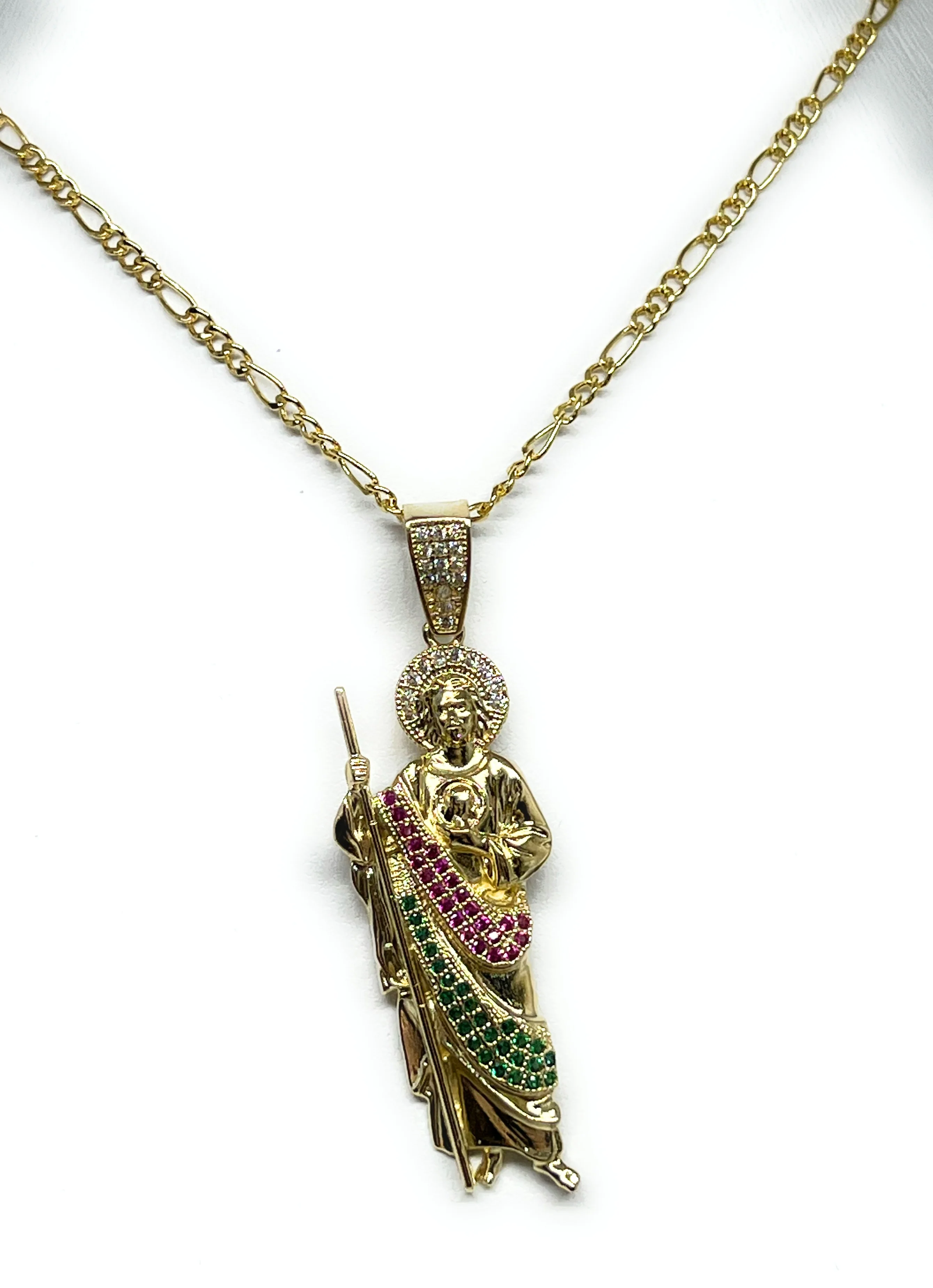 14k Solid Gold Yellow White, Green, Red CZ Saan Judas Saaint Jude Pendant with Chain Optional - Image 4