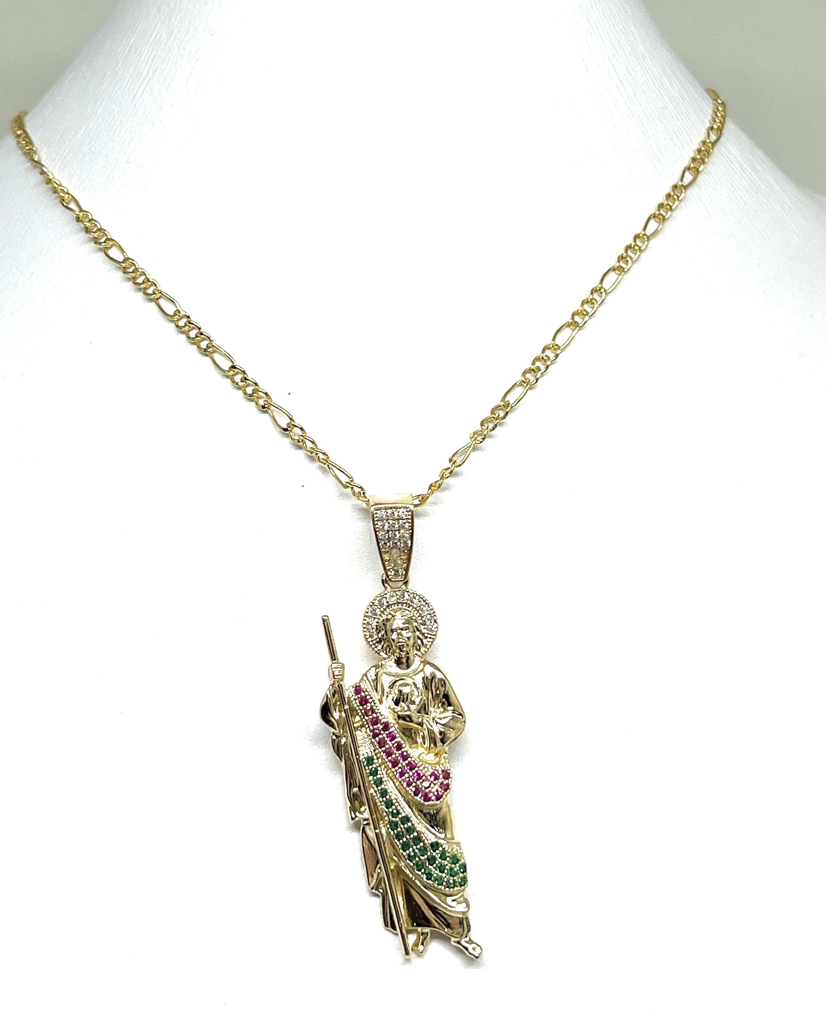 14k Solid Gold Yellow White, Green, Red CZ Saan Judas Saaint Jude Pendant with Chain Optional - Image 5