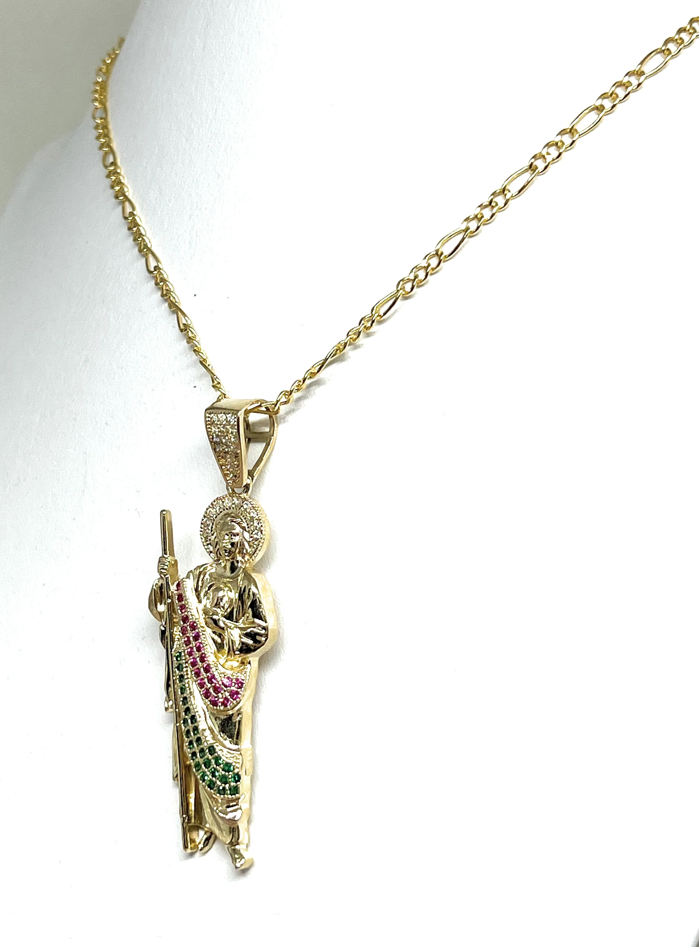 14k Solid Gold Yellow White, Green, Red CZ Saan Judas Saaint Jude Pendant with Chain Optional - Image 6