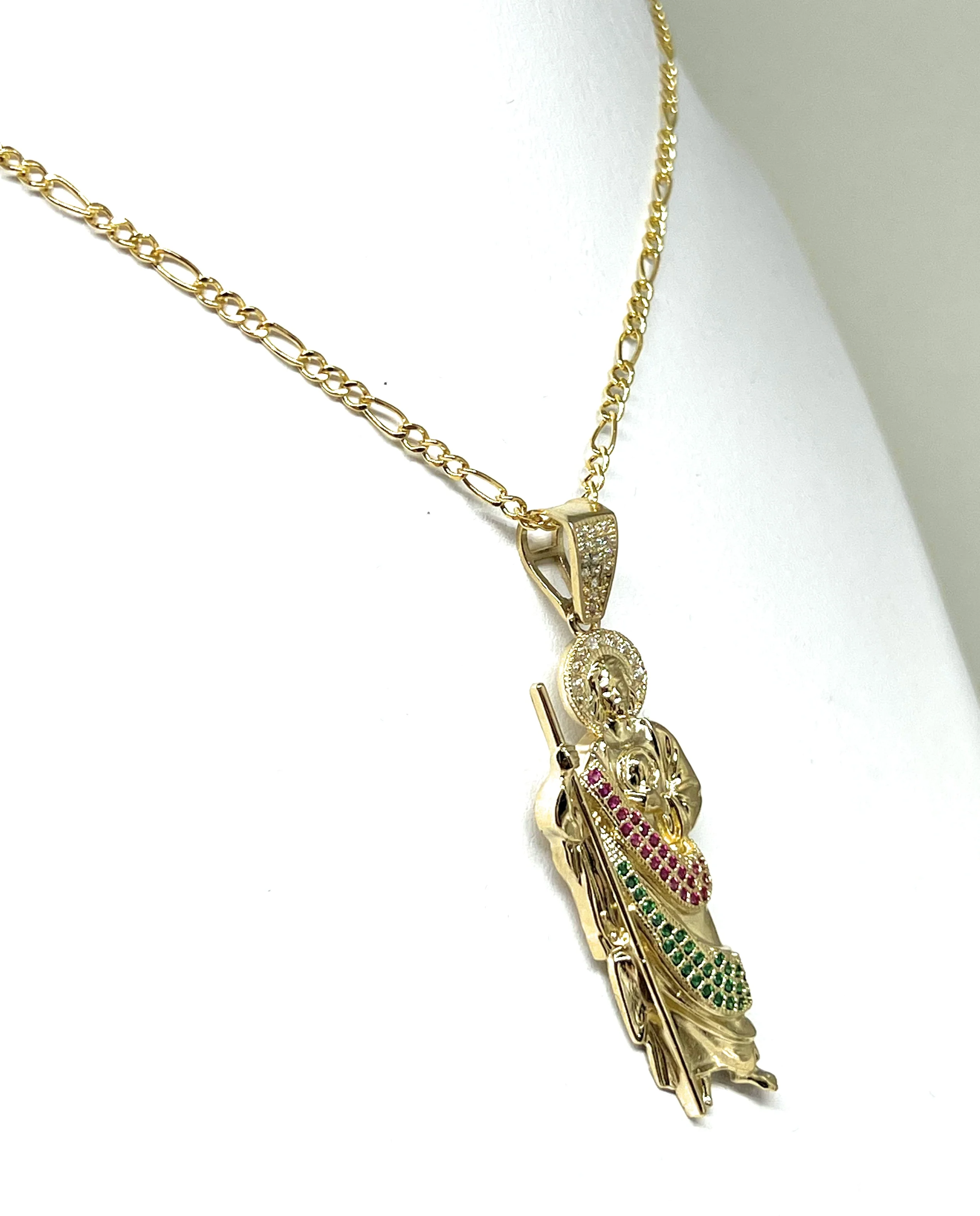 14k Solid Gold Yellow White, Green, Red CZ Saan Judas Saaint Jude Pendant with Chain Optional - Image 7