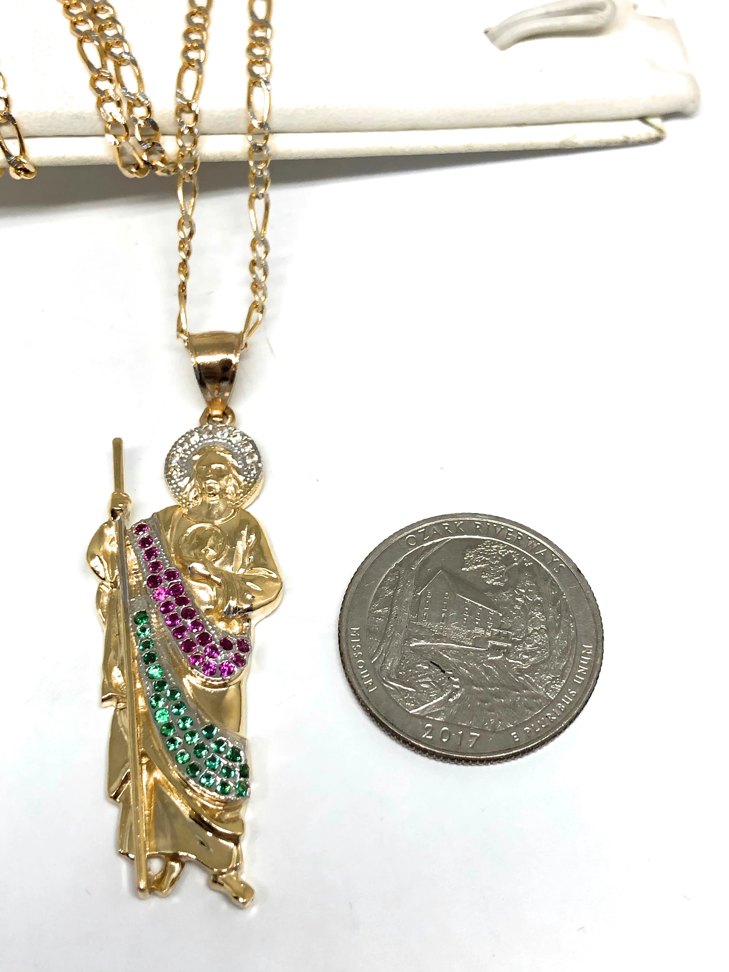 14k Solid Gold Yellow WHITE, RED, GREEN CZ Saan Judas Saaint Jude Pendant with Chain Optional (MED) - Image 2