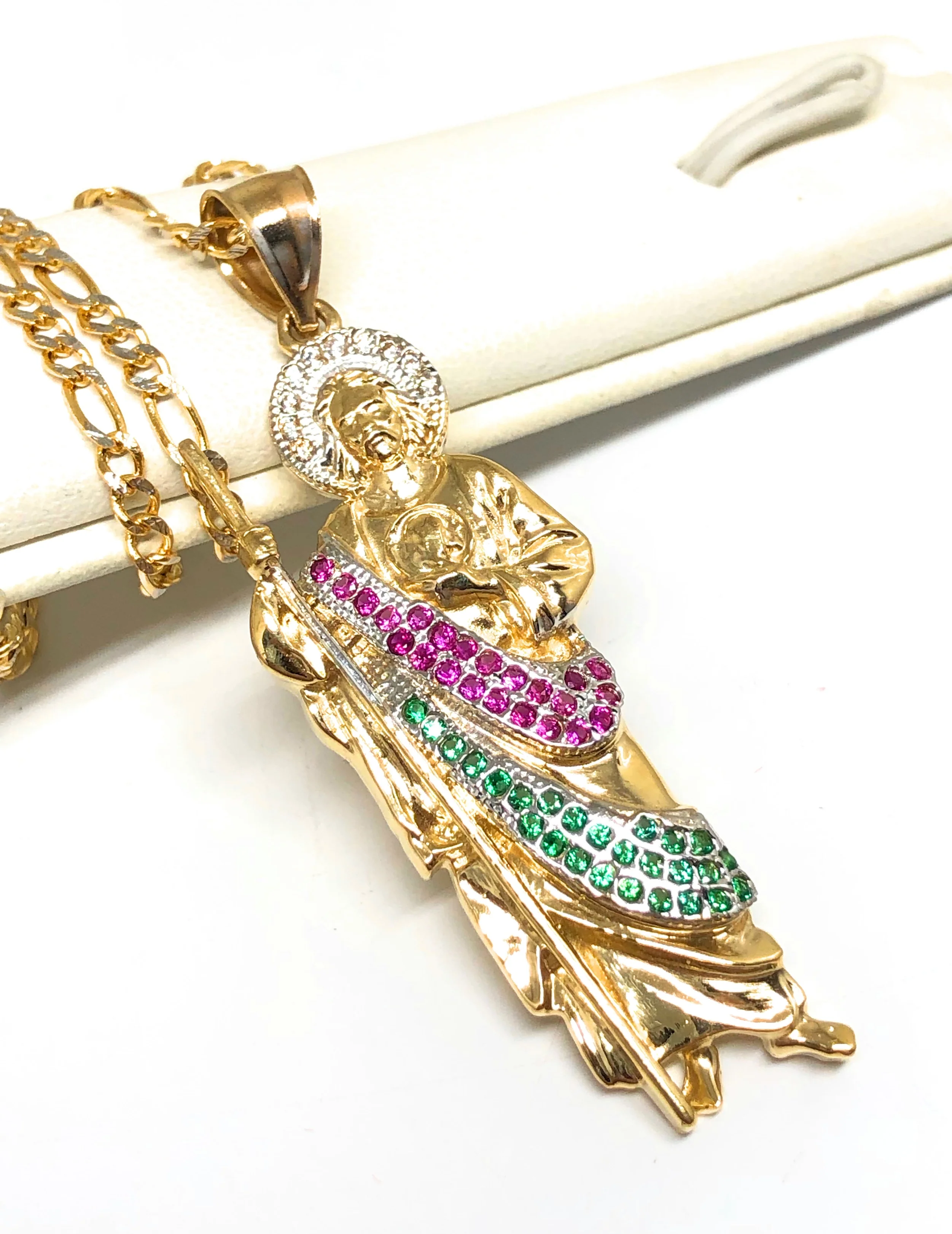 14k Solid Gold Yellow WHITE, RED, GREEN CZ Saan Judas Saaint Jude Pendant with Chain Optional (MED) - Image 3