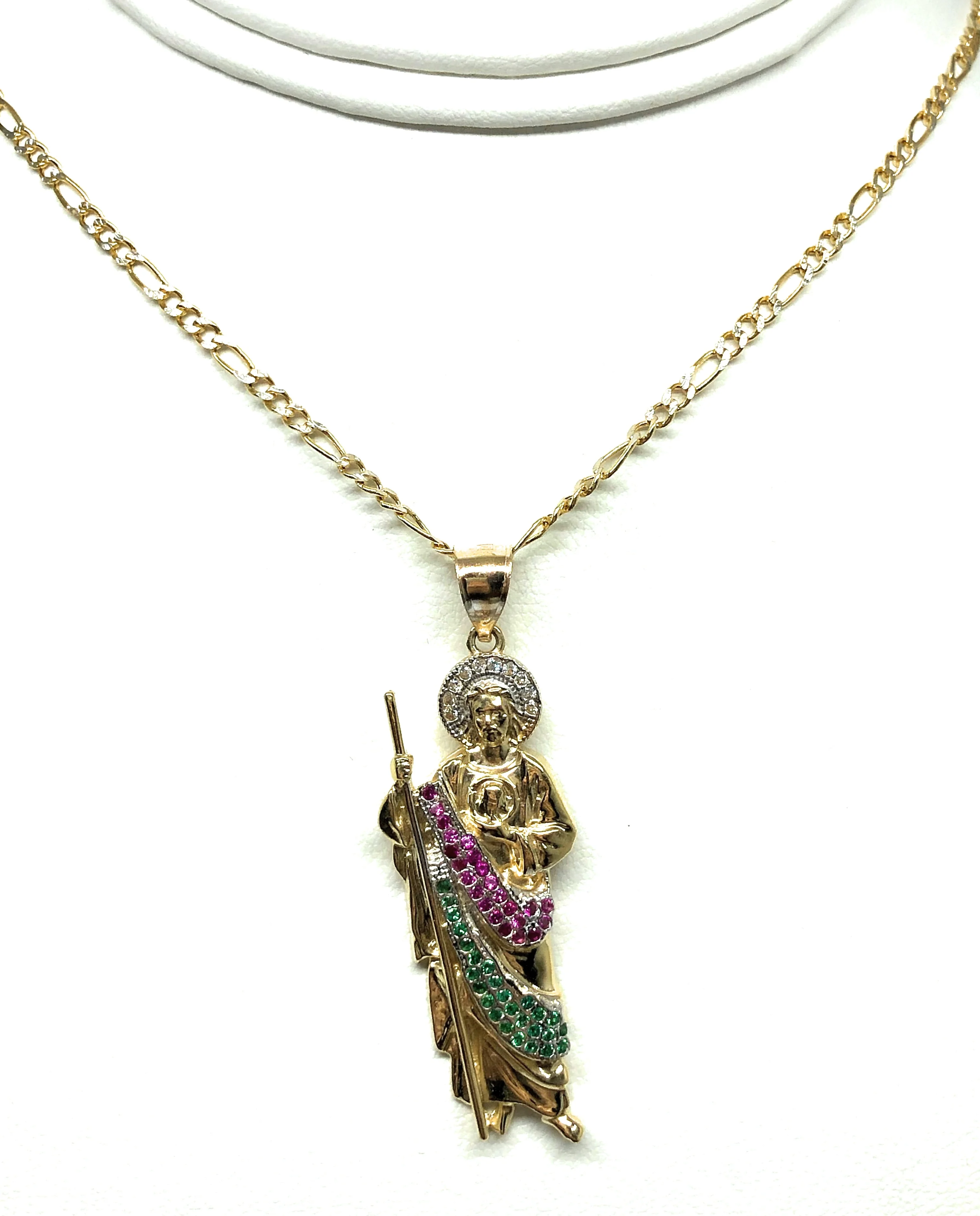 14k Solid Gold Yellow WHITE, RED, GREEN CZ Saan Judas Saaint Jude Pendant with Chain Optional (MED) - Image 4