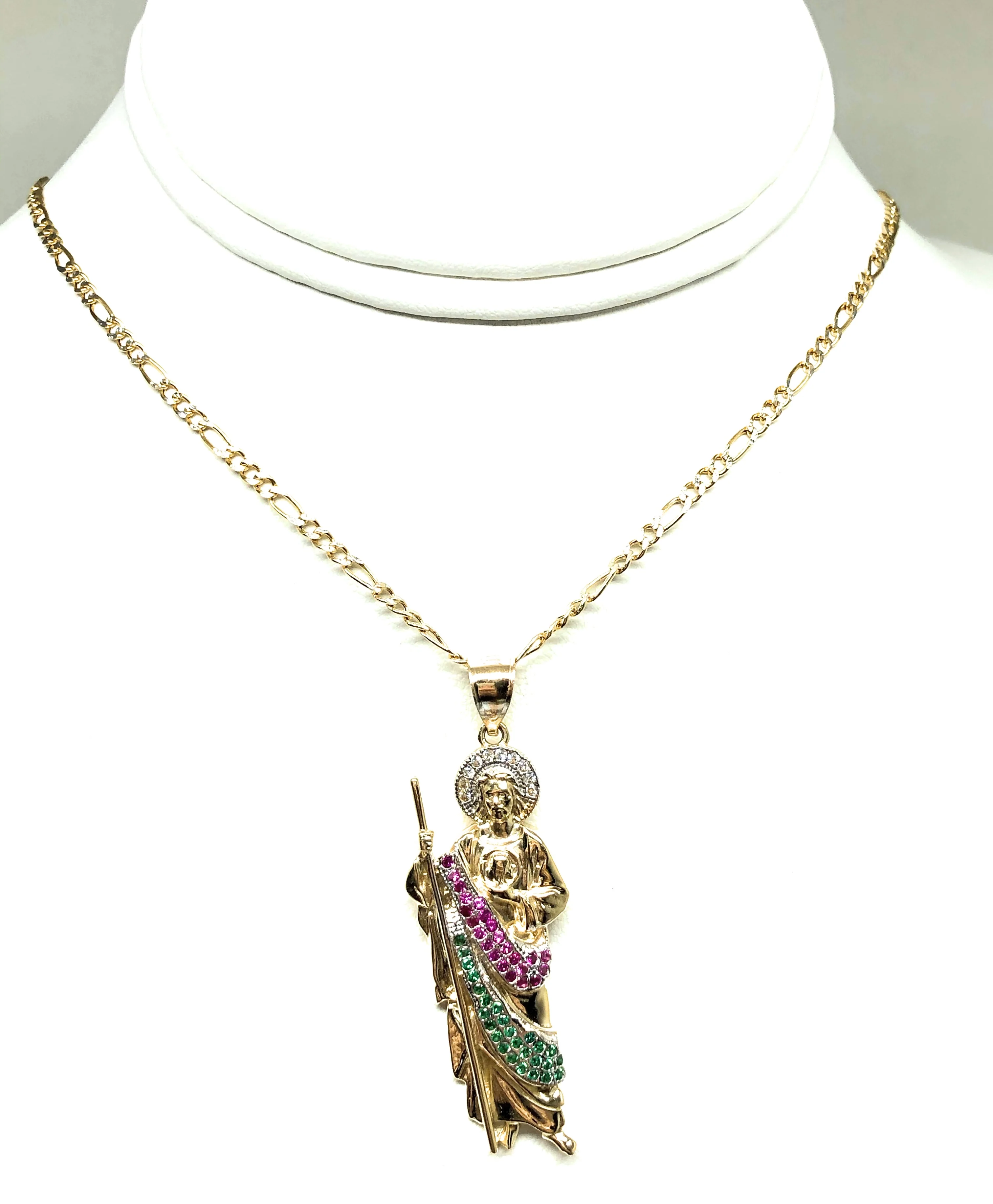14k Solid Gold Yellow WHITE, RED, GREEN CZ Saan Judas Saaint Jude Pendant with Chain Optional (MED) - Image 5
