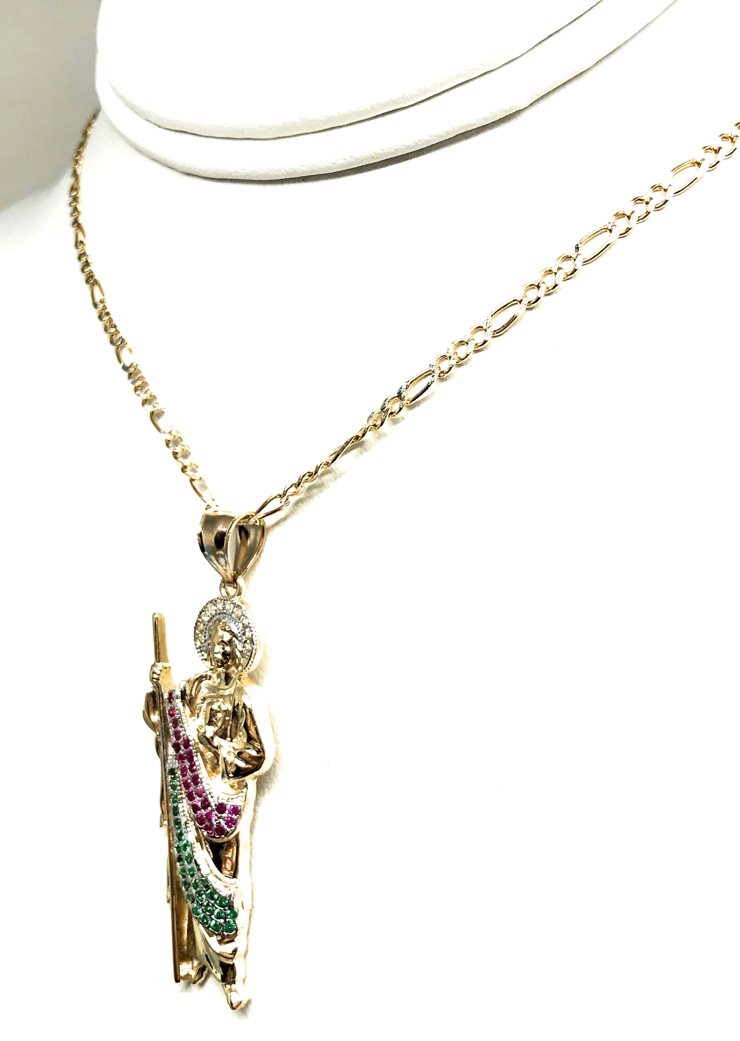 14k Solid Gold Yellow WHITE, RED, GREEN CZ Saan Judas Saaint Jude Pendant with Chain Optional (MED) - Image 6