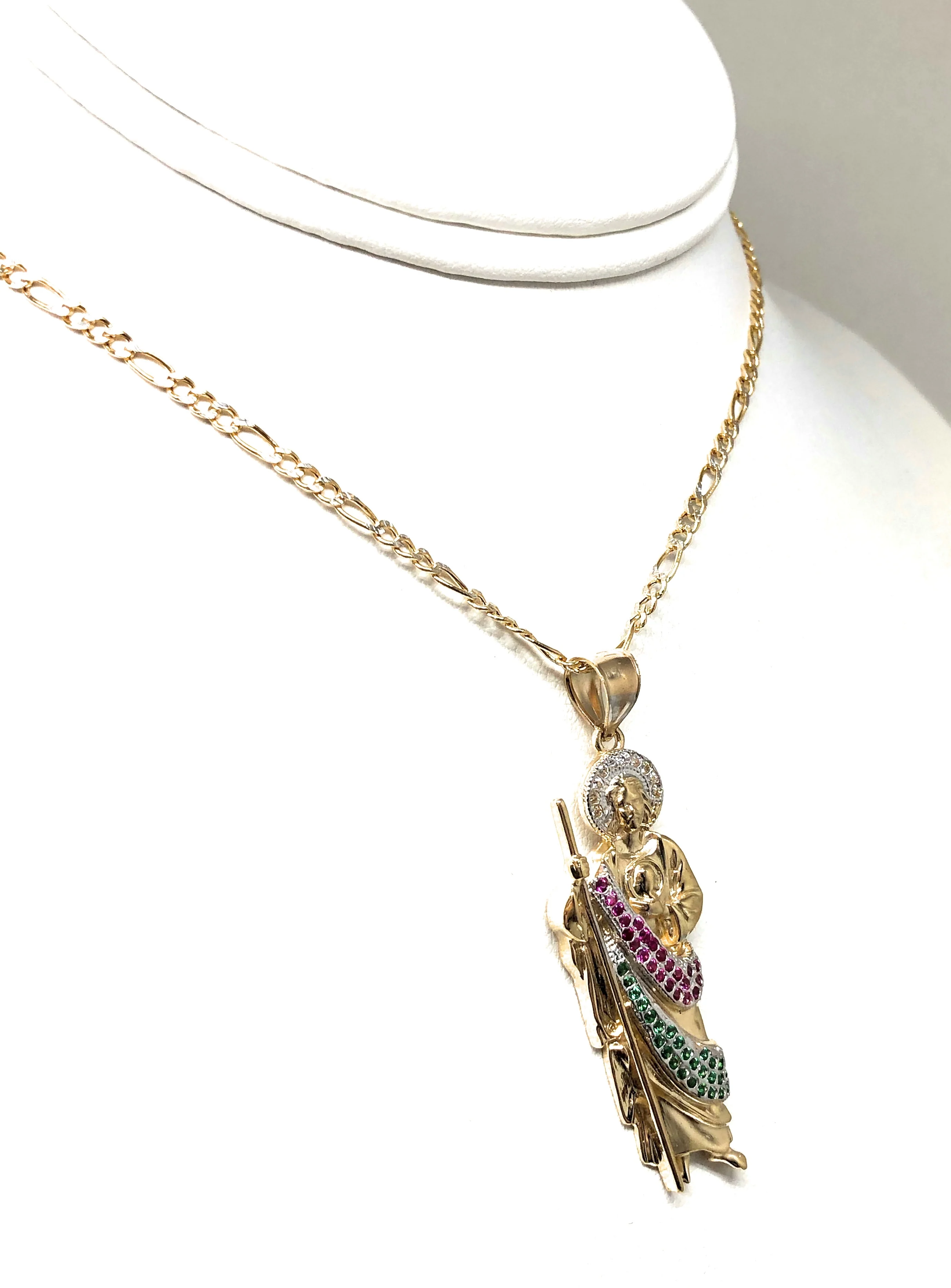 14k Solid Gold Yellow WHITE, RED, GREEN CZ Saan Judas Saaint Jude Pendant with Chain Optional (MED) - Image 7