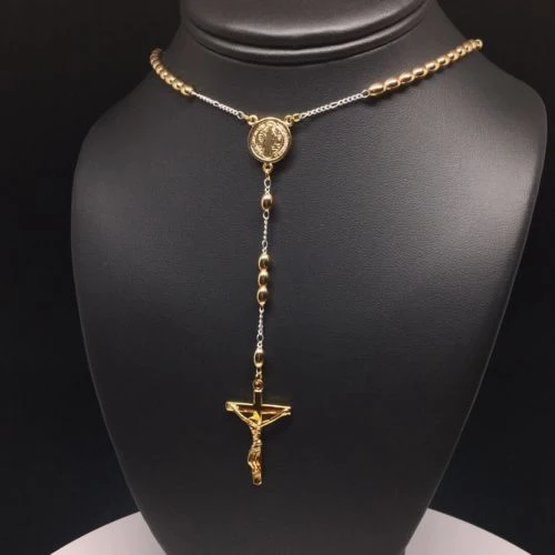 20" Gold Plated San Benito Rosary With Jesus Cross Crucifix 4mm Egg Bead / 20" San Benito Rosario con Crucifijo 4mm Bolas - Image 4