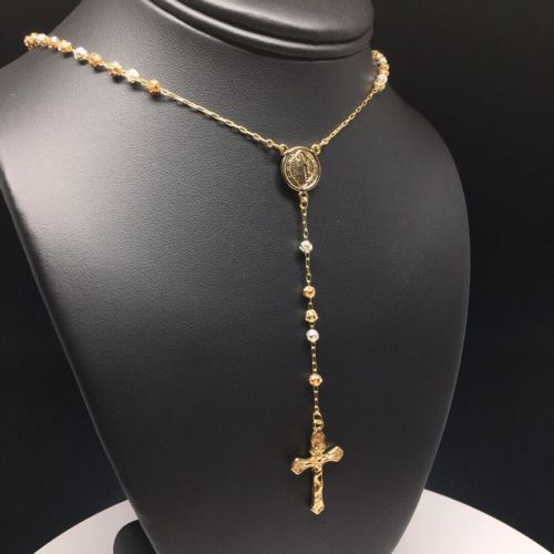 Gold Plated 24" Gold Plated San Benito Tri Color Rosary With Jesus Cross Crucifix 4mm San Benito Rosario 4mm - Image 6