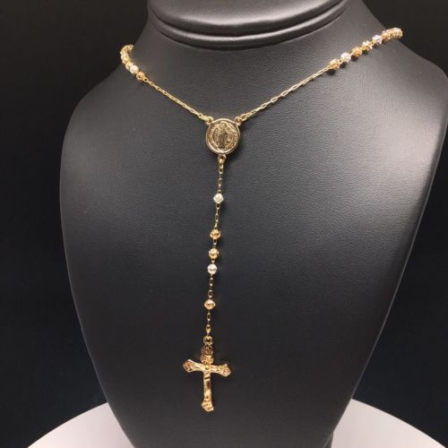 Gold Plated 24" Gold Plated San Benito Tri Color Rosary With Jesus Cross Crucifix 4mm San Benito Rosario 4mm - Image 8