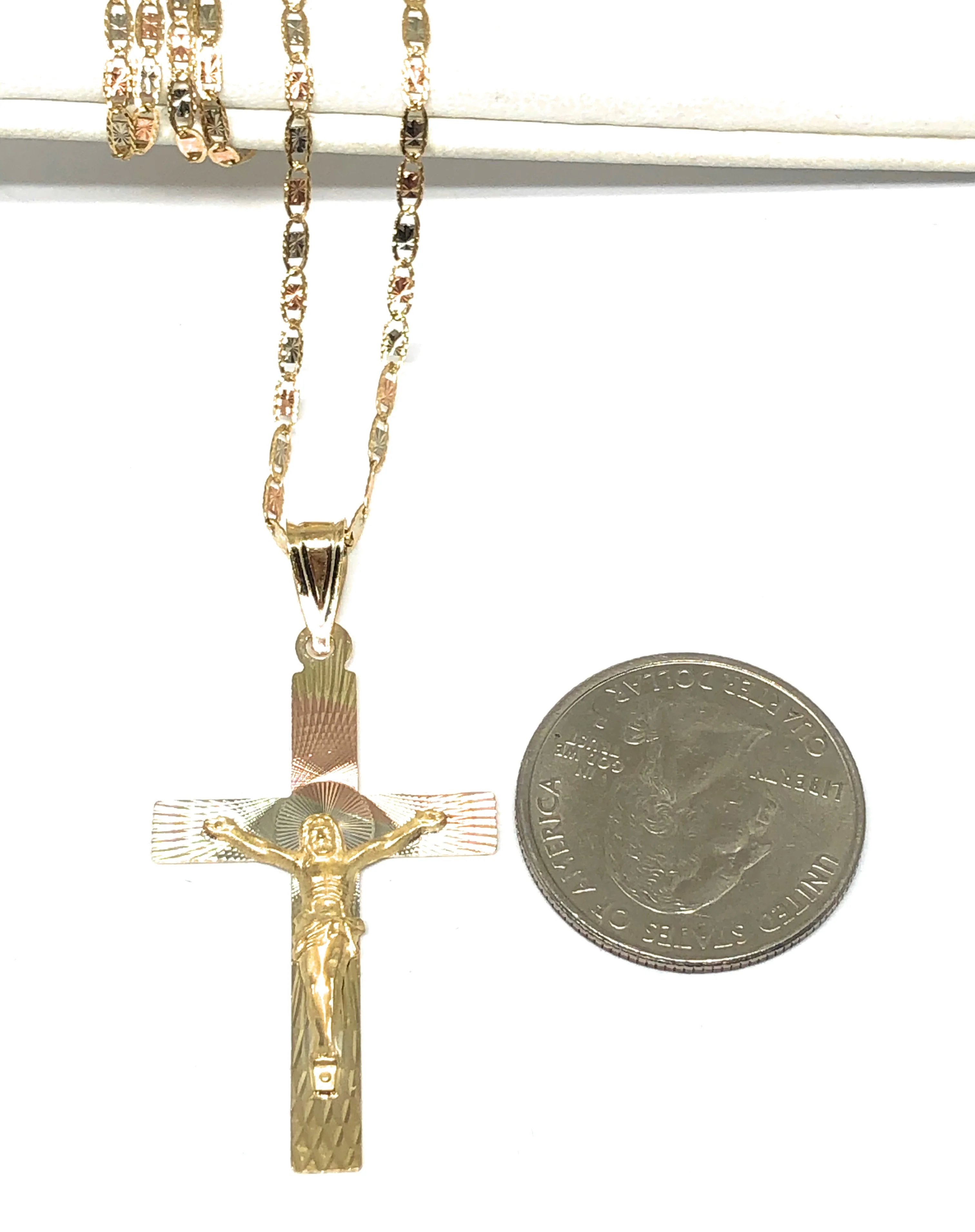 14k Solid Gold Tri-Color Laser Cut Classic Jesus Cross Pendant Necklace Crucifix With Valentina Chain - Image 2
