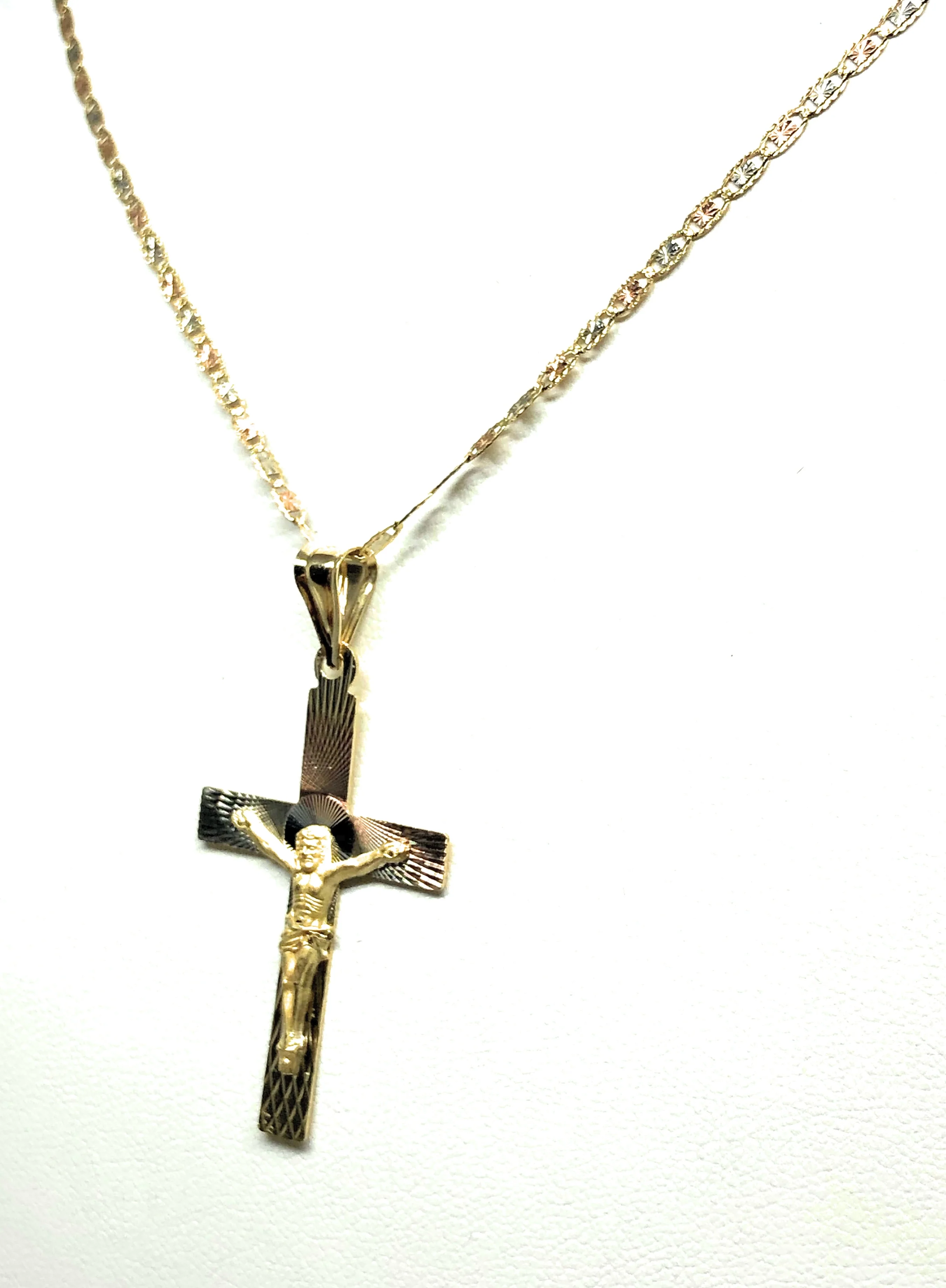 14k Solid Gold Tri-Color Laser Cut Classic Jesus Cross Pendant Necklace Crucifix With Valentina Chain - Image 7