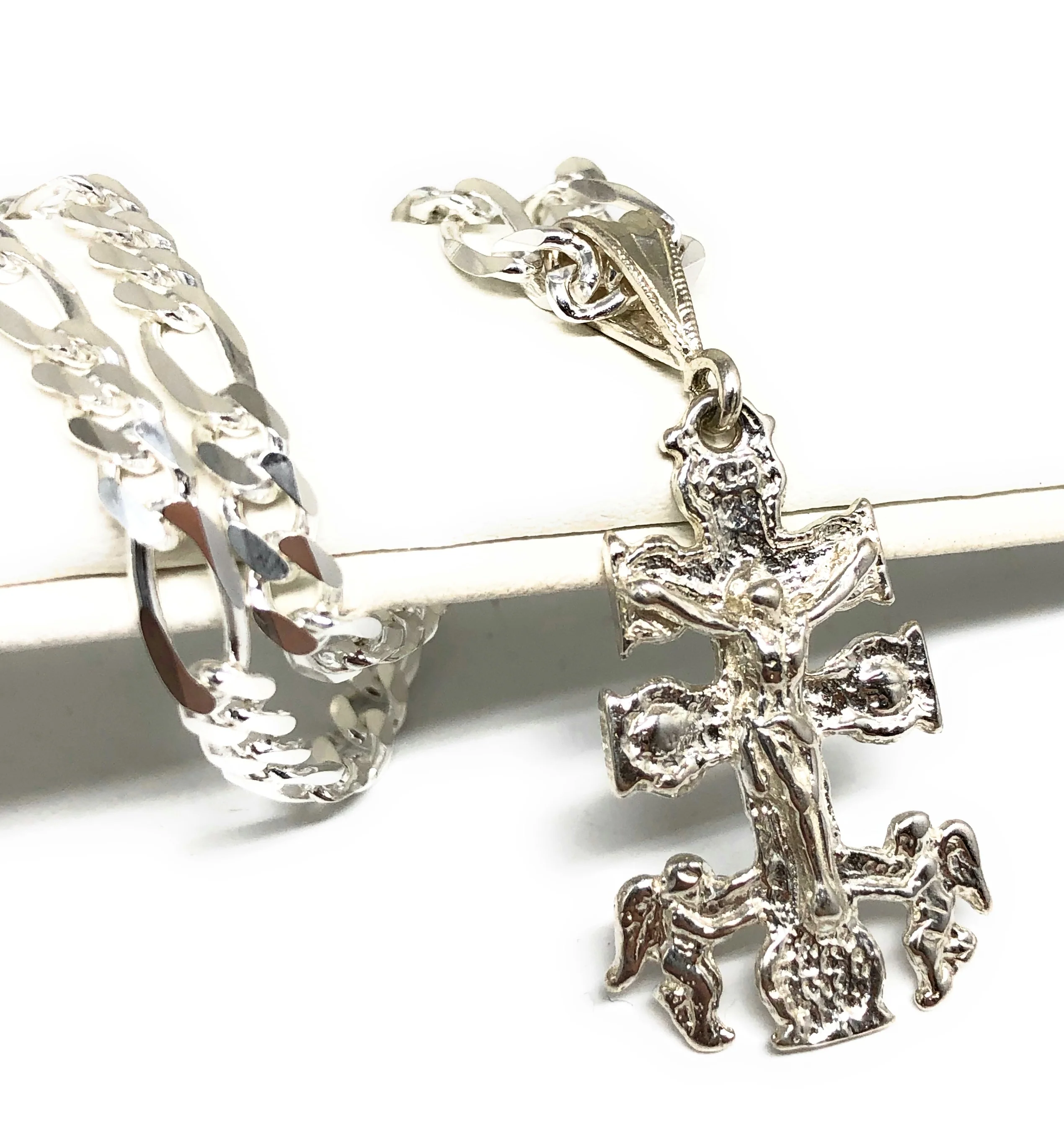 .925 Silver Caravaca Jesus Cross Crucifix Pendant Necklace with Figaro Chain - Image 3