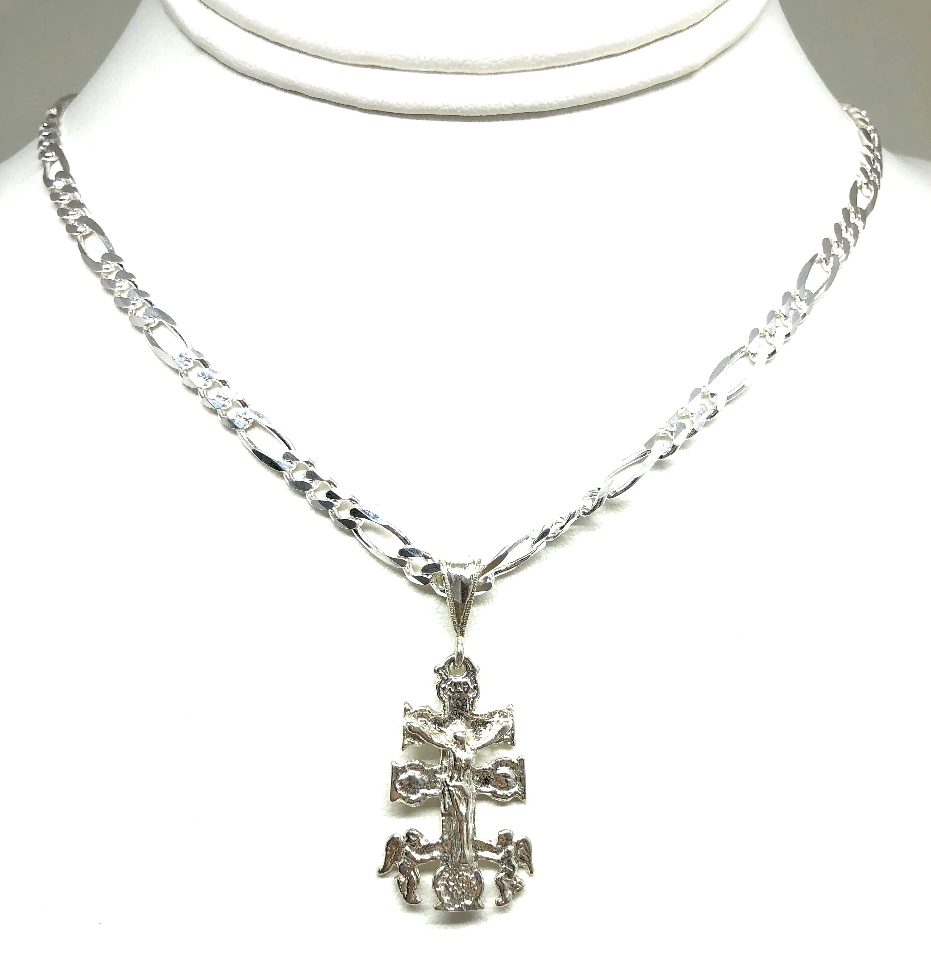 .925 Silver Caravaca Jesus Cross Crucifix Pendant Necklace with Figaro Chain - Image 4