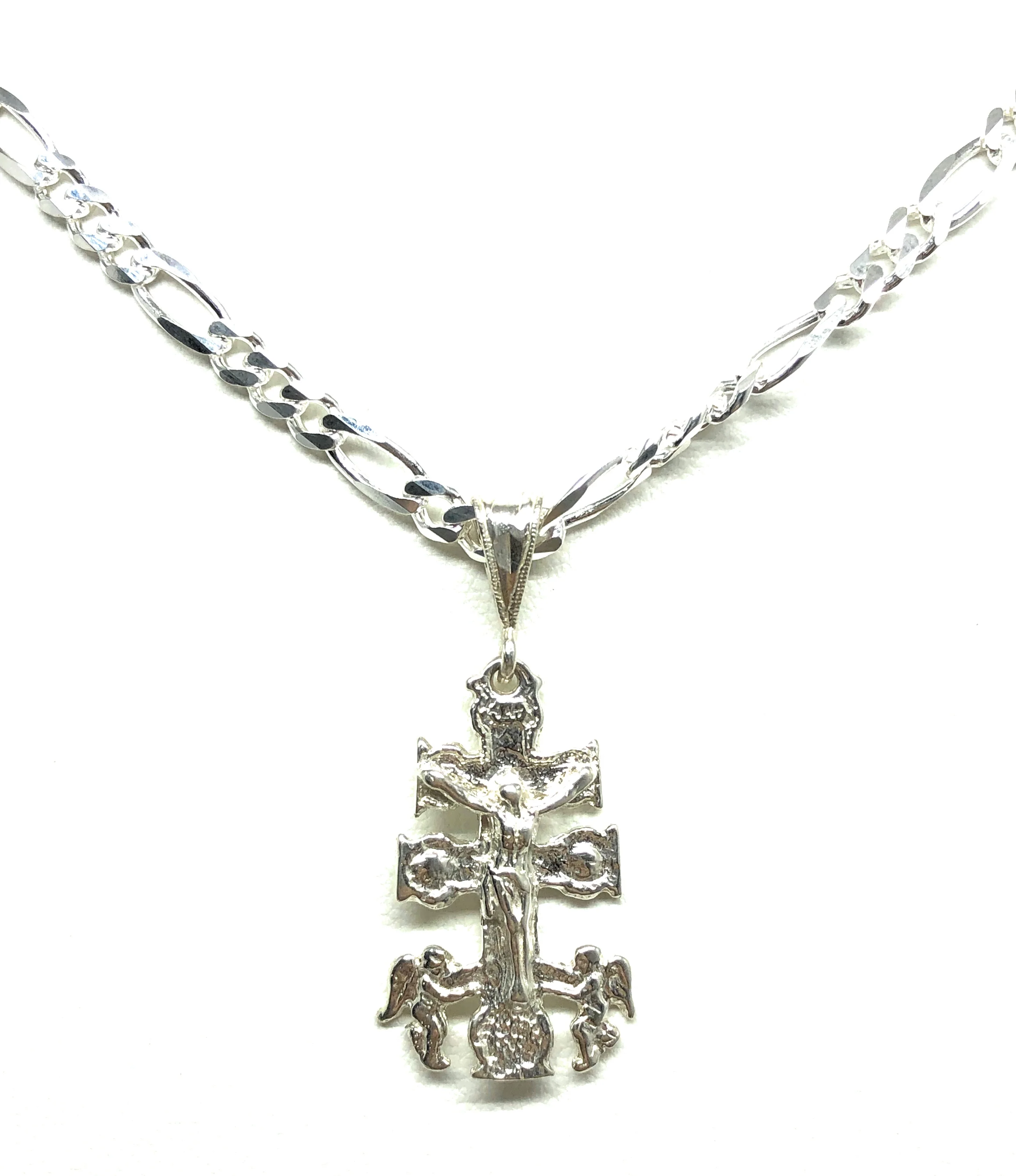 .925 Silver Caravaca Jesus Cross Crucifix Pendant Necklace with Figaro Chain - Image 5