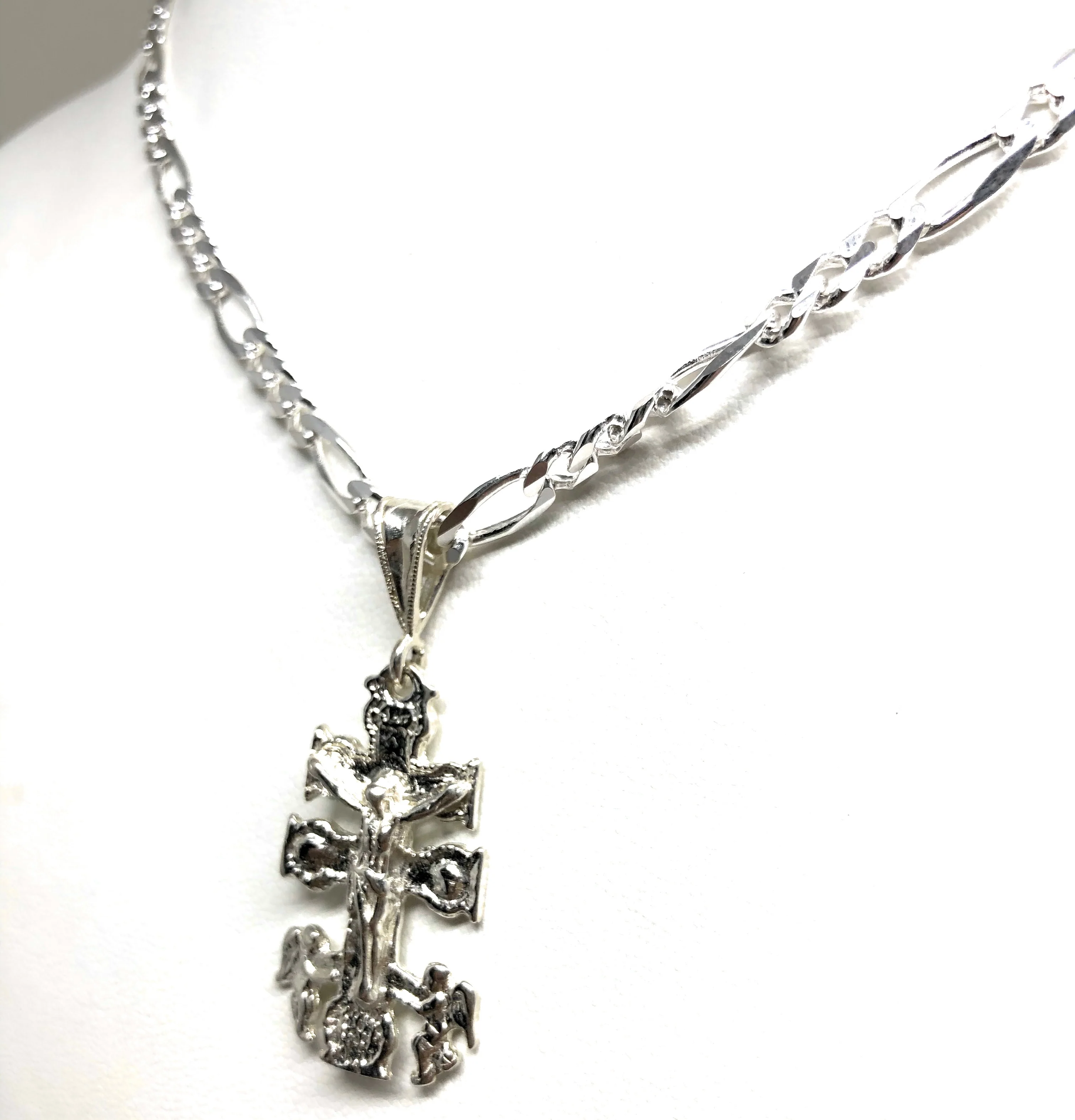 .925 Silver Caravaca Jesus Cross Crucifix Pendant Necklace with Figaro Chain - Image 6