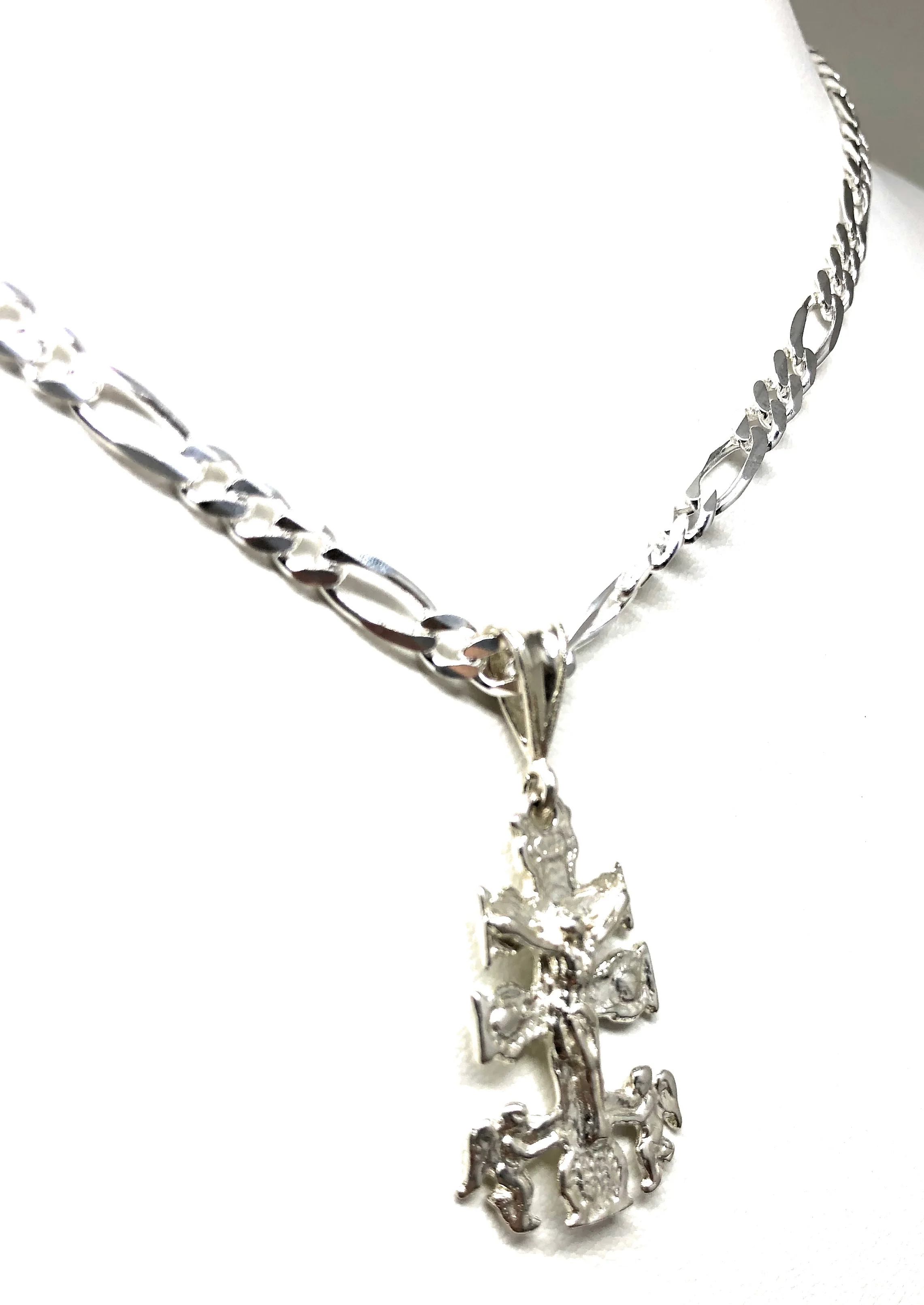 .925 Silver Caravaca Jesus Cross Crucifix Pendant Necklace with Figaro Chain - Image 7
