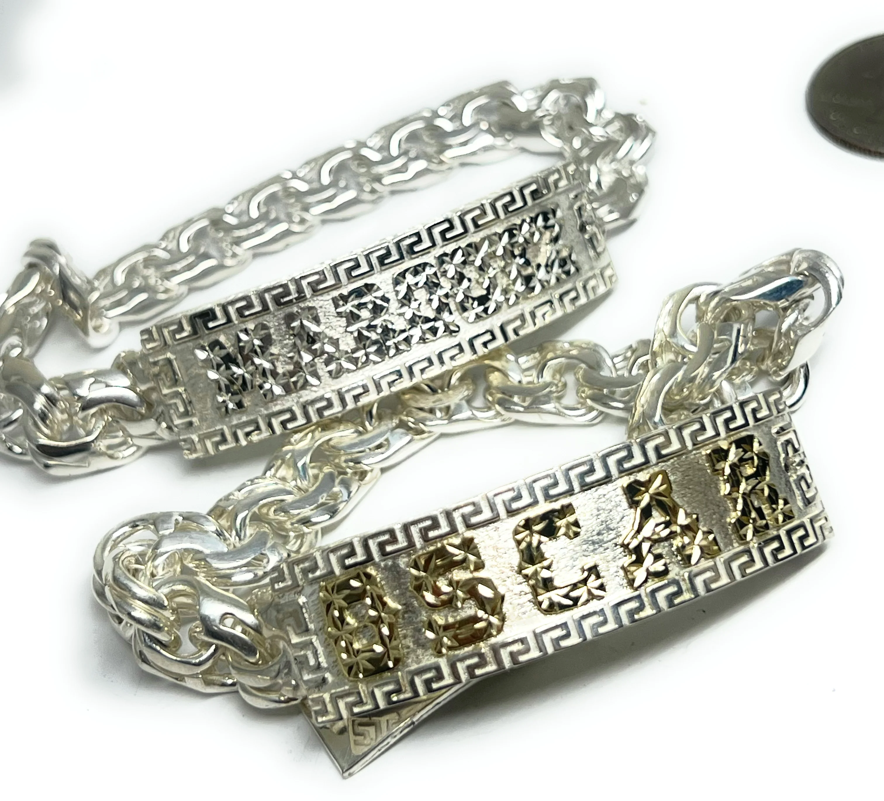 .925 Silver CHINO LINK GREEK BORDER (MEANDROS) SUPERIMPOSED (SOBREPUESTO) CUSTOMIZED 3D NAME BRRACELET 8.5 INCH 10.5MM WIDTH (MADE IN MX) (LG, MED) - Image 13