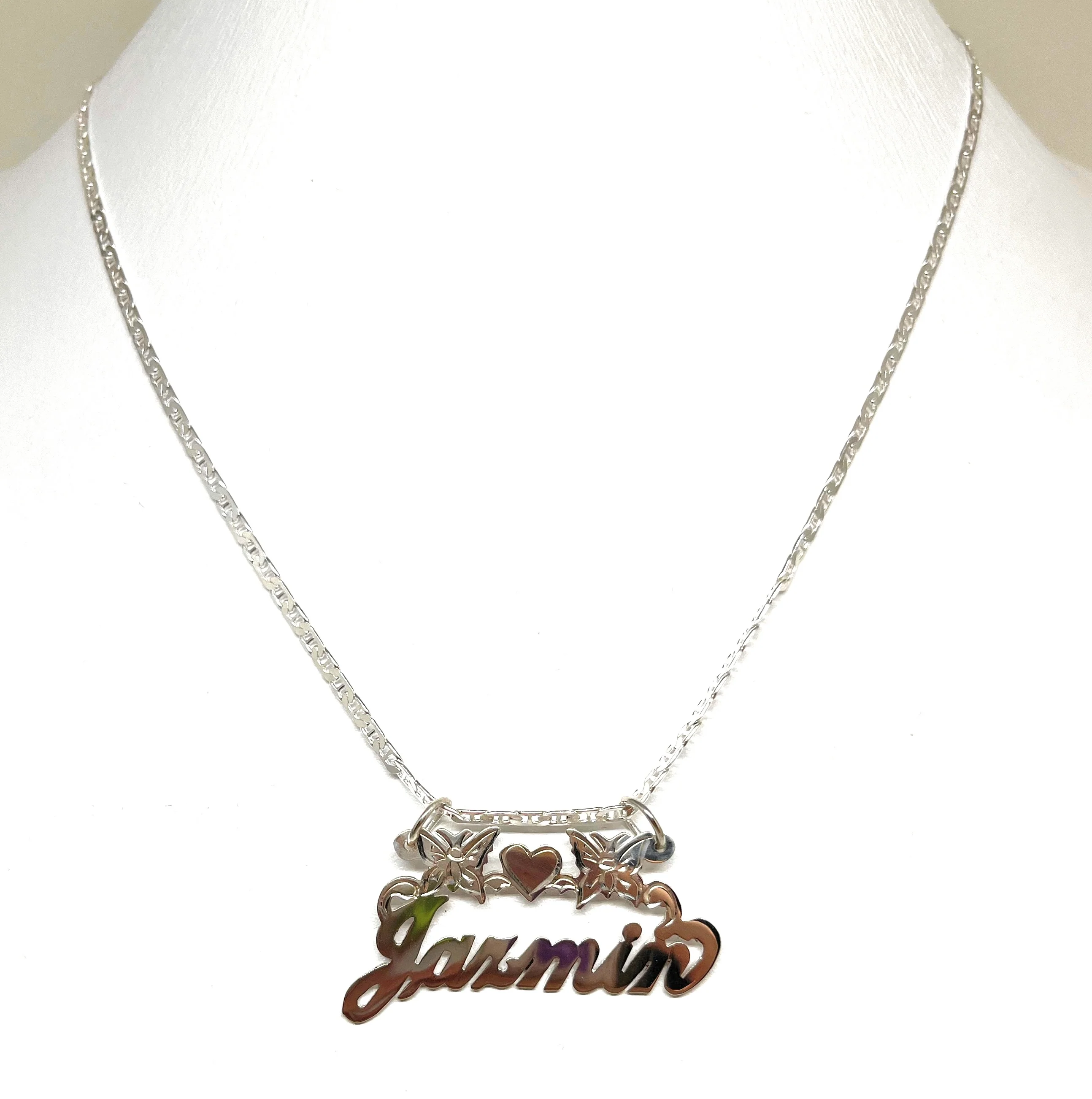 .925 Silver Cursive Butterflies & Heart Custom Nameplate Pendant Necklace with Chain Options - Image 2