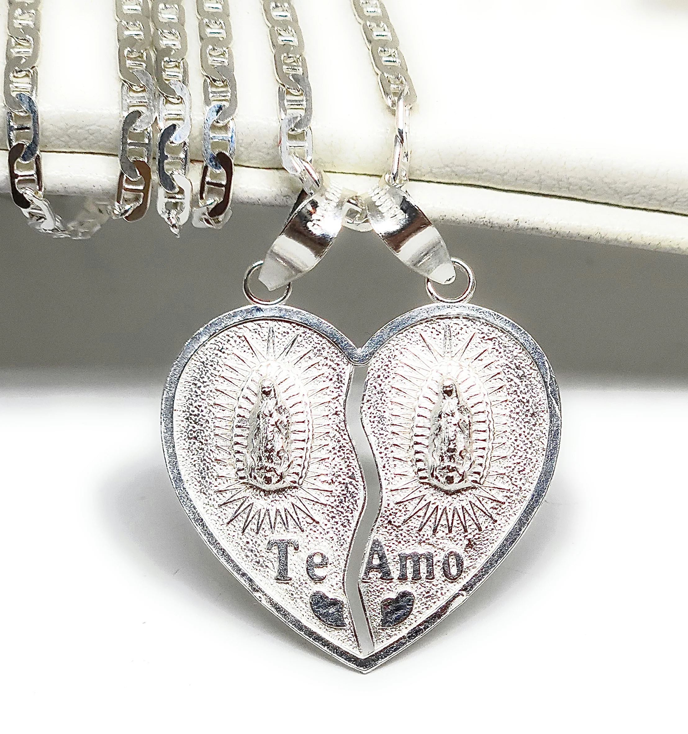 .925 Silver DOUBLE VIRRGIN MARY "TE AMO" SMALL HEART SPLIT Pendant Necklace (MADE IN MX) (SM,MED,LG)