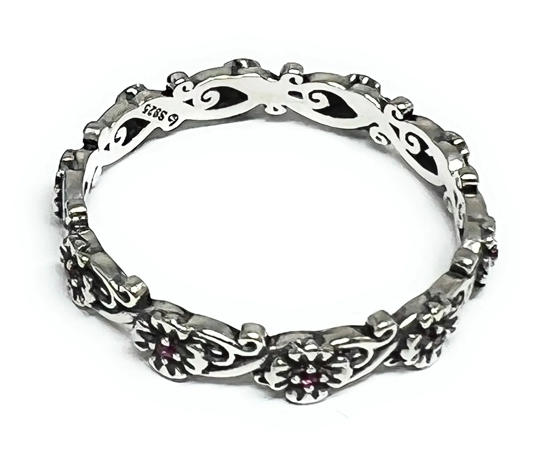 .925 Silver Flower Band Red CZ Ring (FCS 18) - Image 3