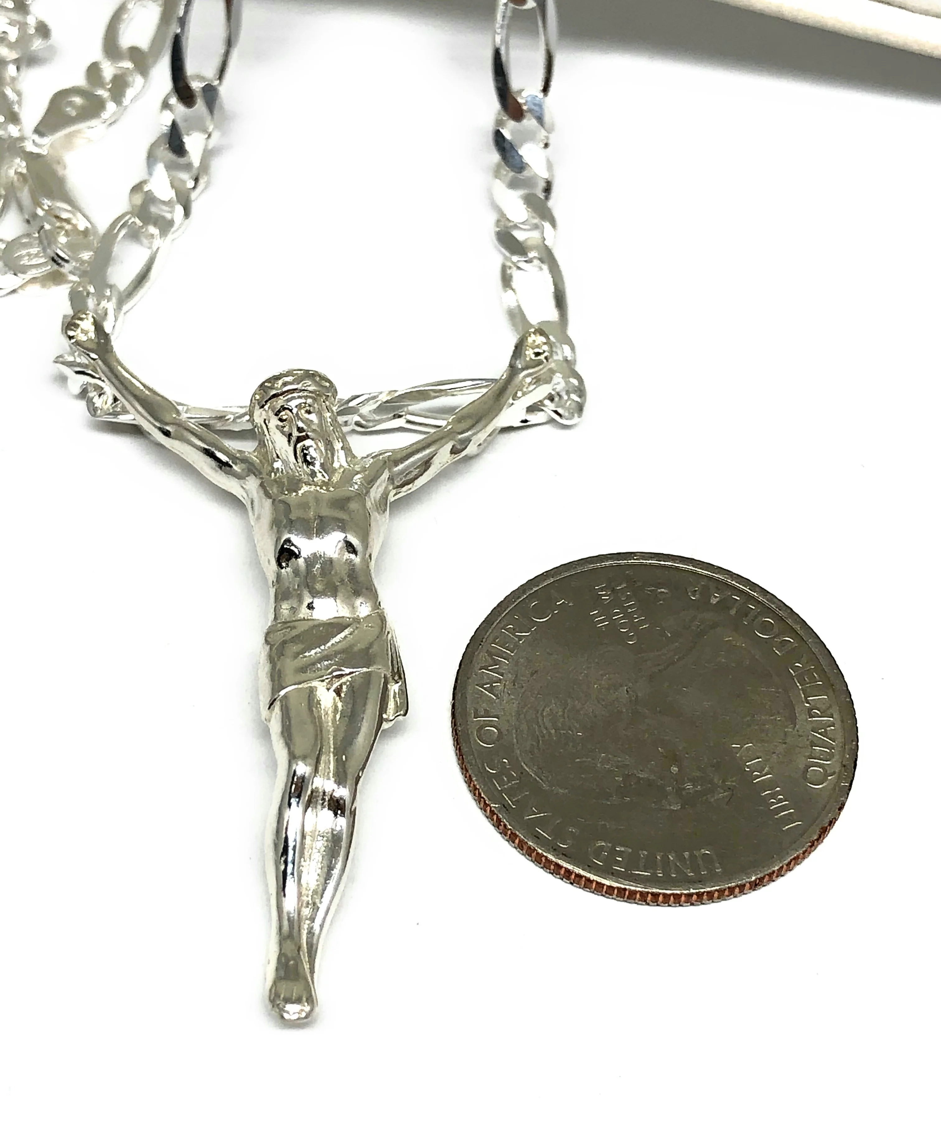 .925 Silver Jesus Body Crucifix Pendant Necklace with Figaro Chain - Image 2