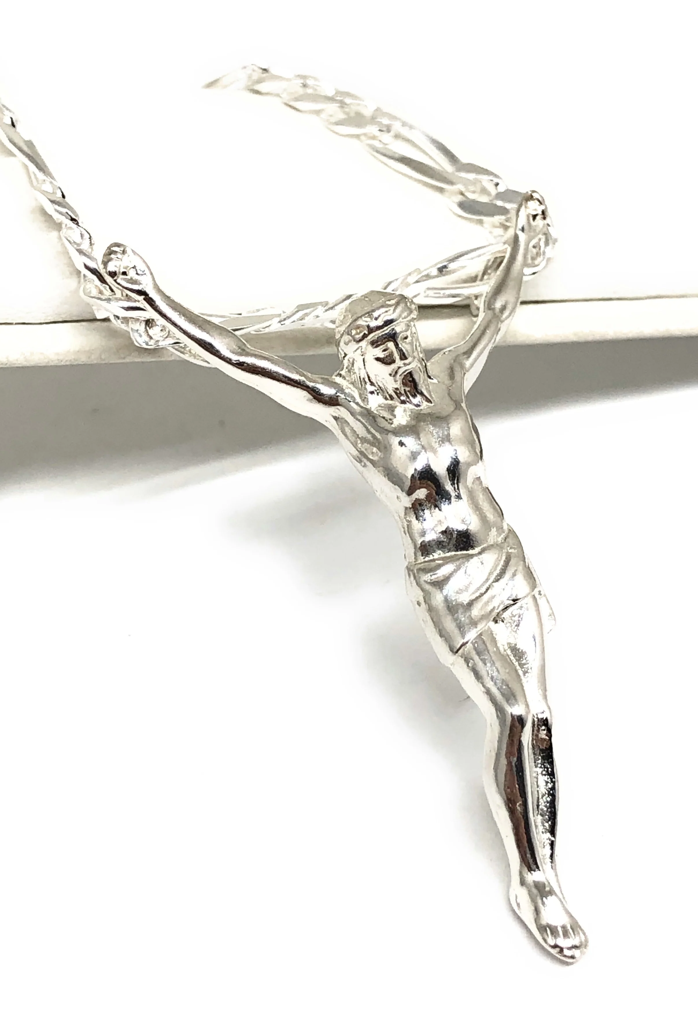 .925 Silver Jesus Body Crucifix Pendant Necklace with Figaro Chain - Image 3