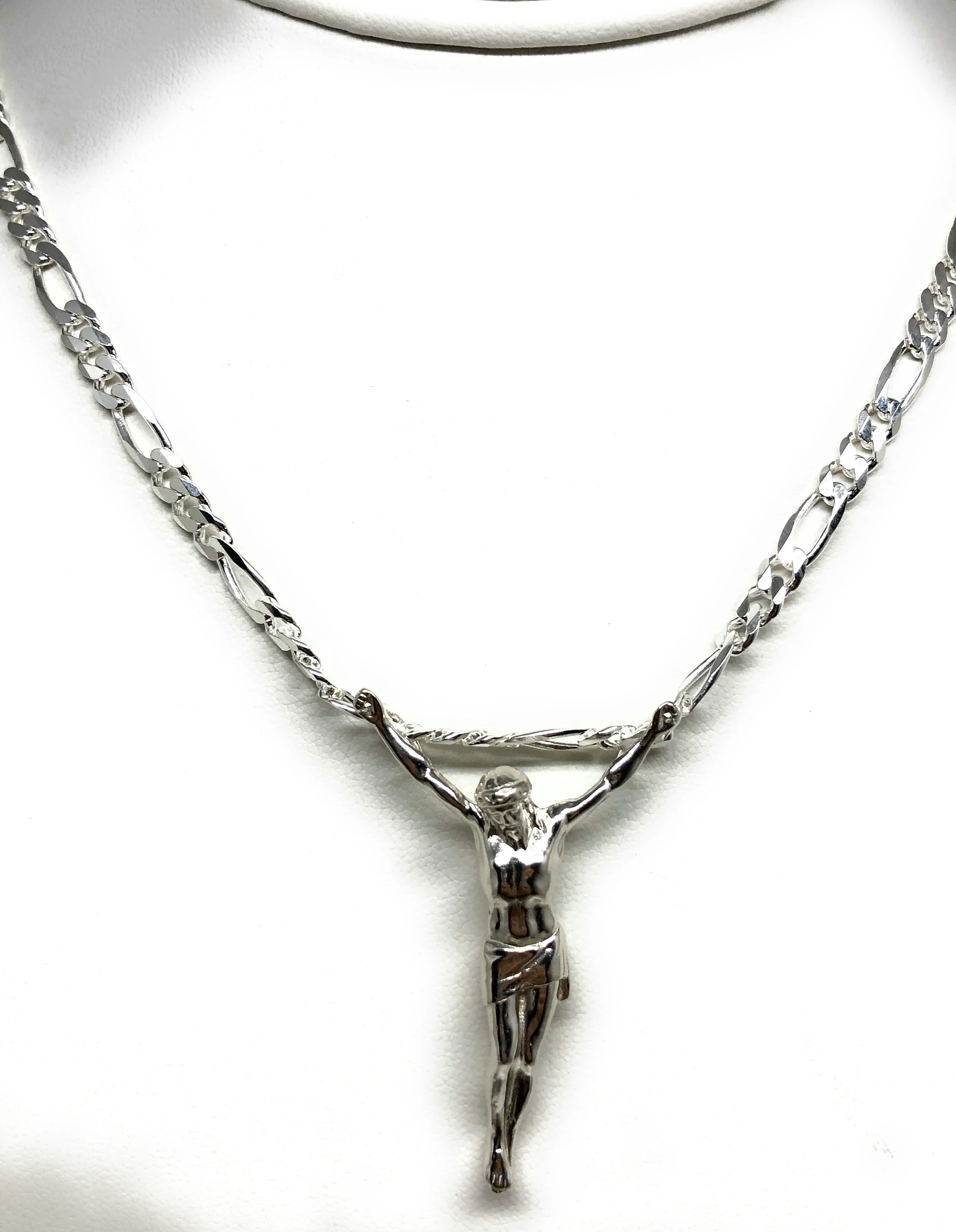 .925 Silver Jesus Body Crucifix Pendant Necklace with Figaro Chain - Image 4