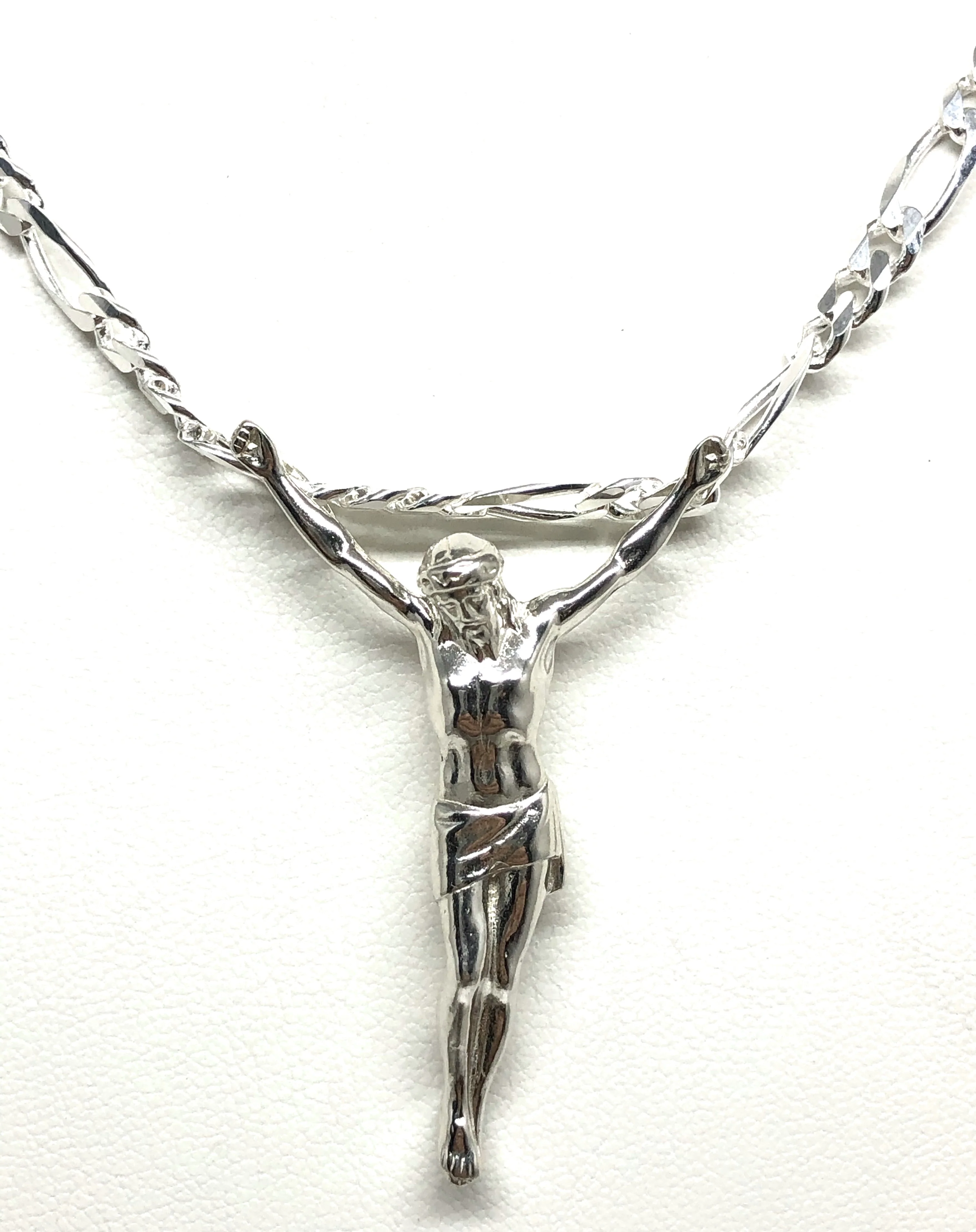 .925 Silver Jesus Body Crucifix Pendant Necklace with Figaro Chain - Image 5