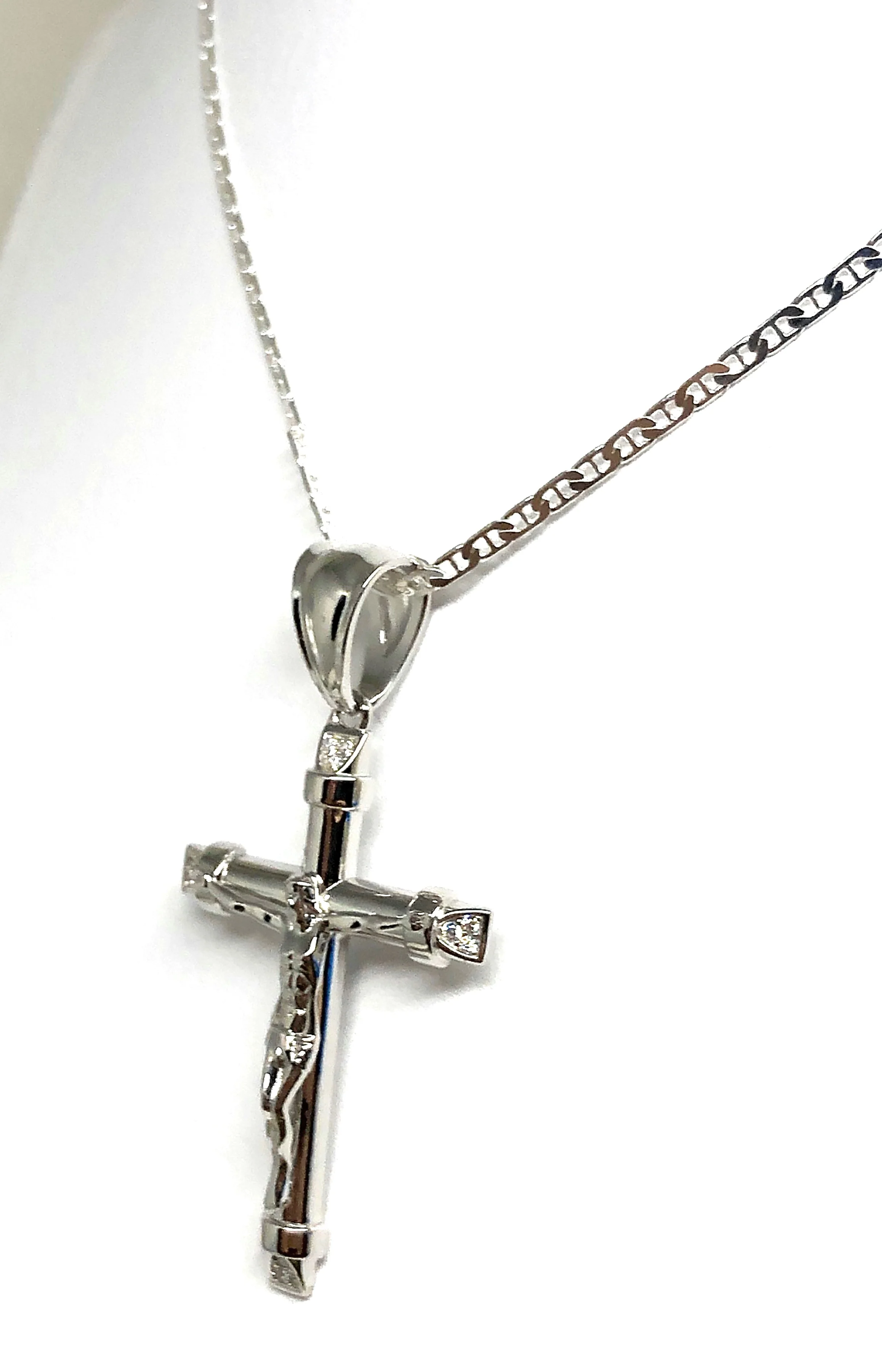 .925 Silver Jesus Cross Crucifix CZ Pendant Necklace with Valentina Chain in - Image 4