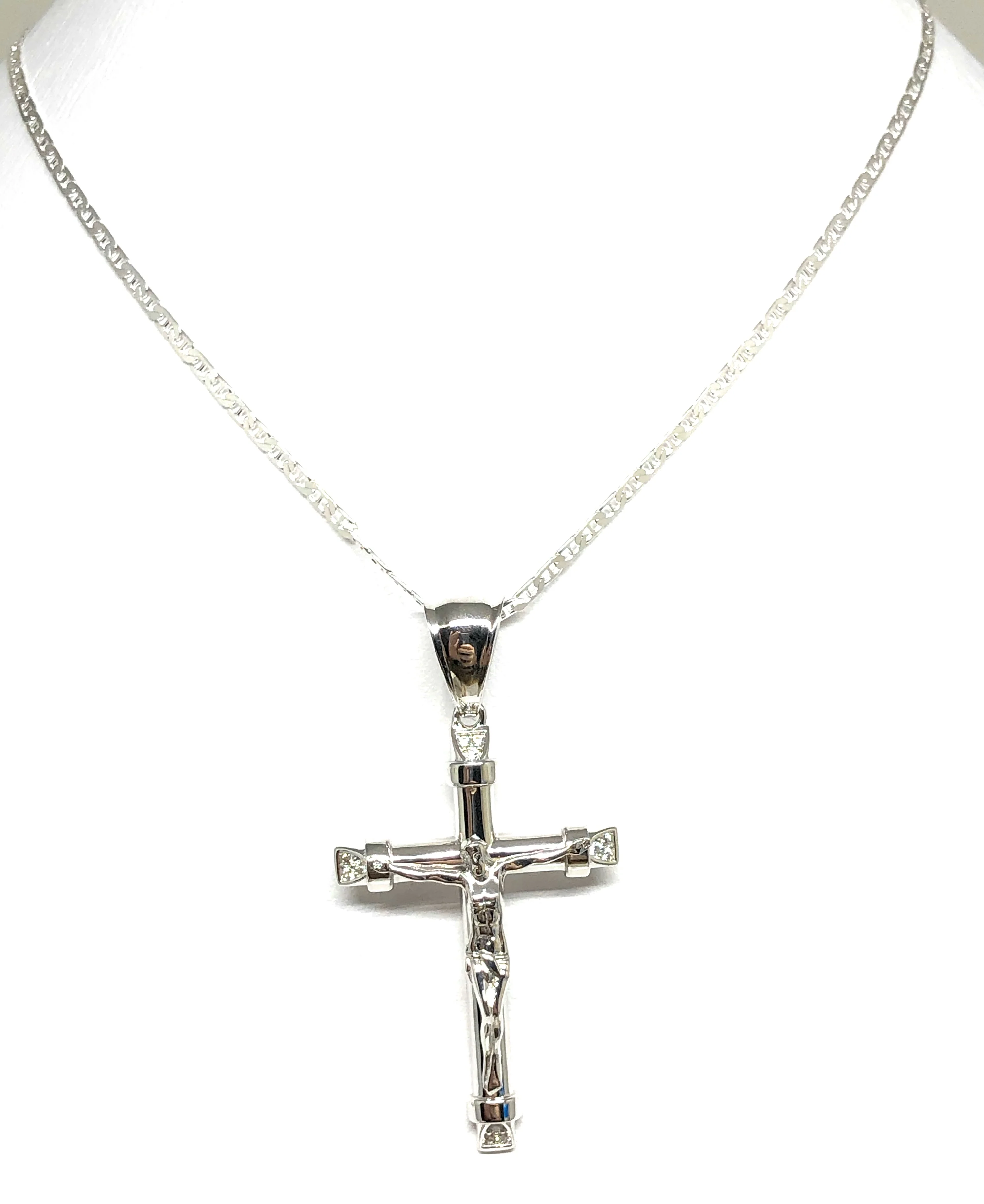 .925 Silver Jesus Cross Crucifix CZ Pendant Necklace with Valentina Chain in - Image 6