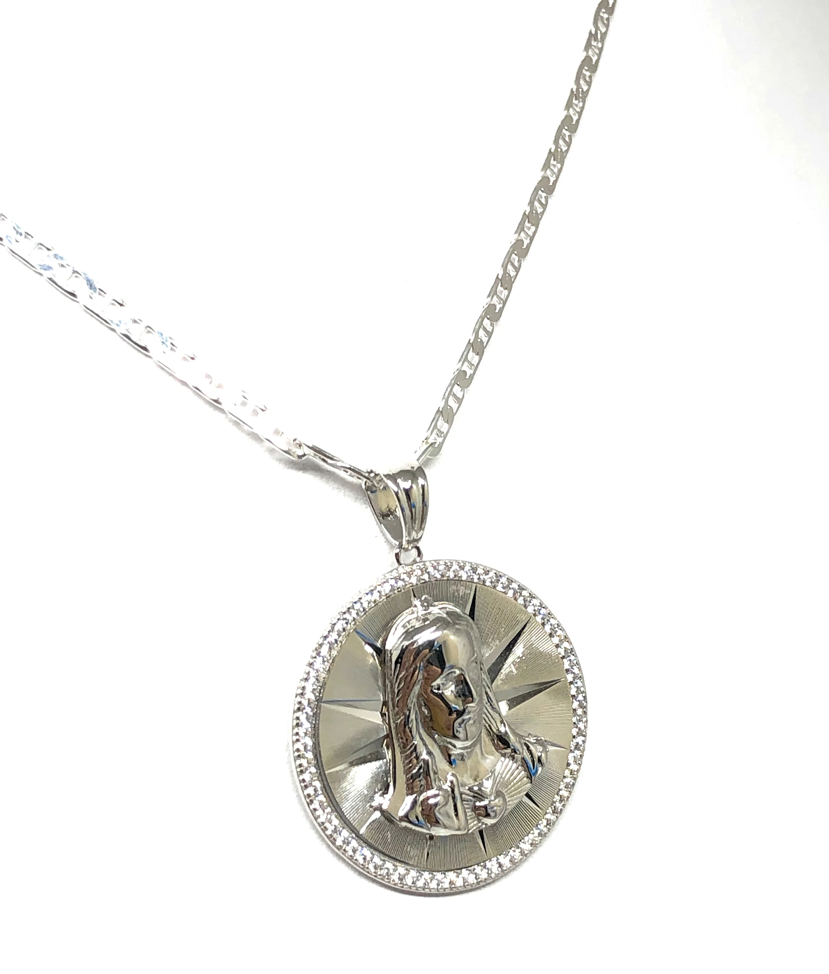 .925 Silver Jesus Sagrado Corazon CZ Pendant Necklace with Valentina Chain - Image 3