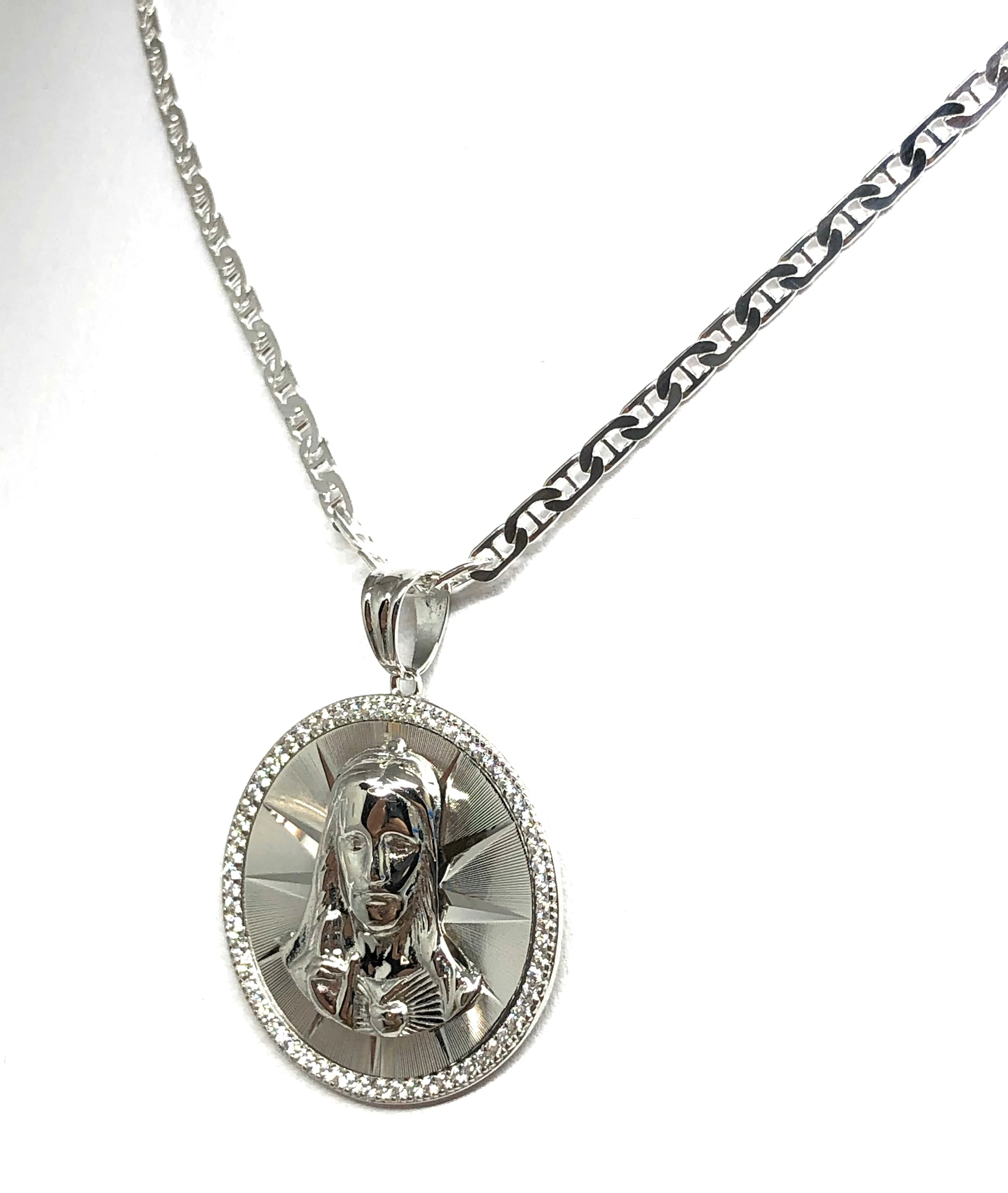 .925 Silver Jesus Sagrado Corazon CZ Pendant Necklace with Valentina Chain - Image 7