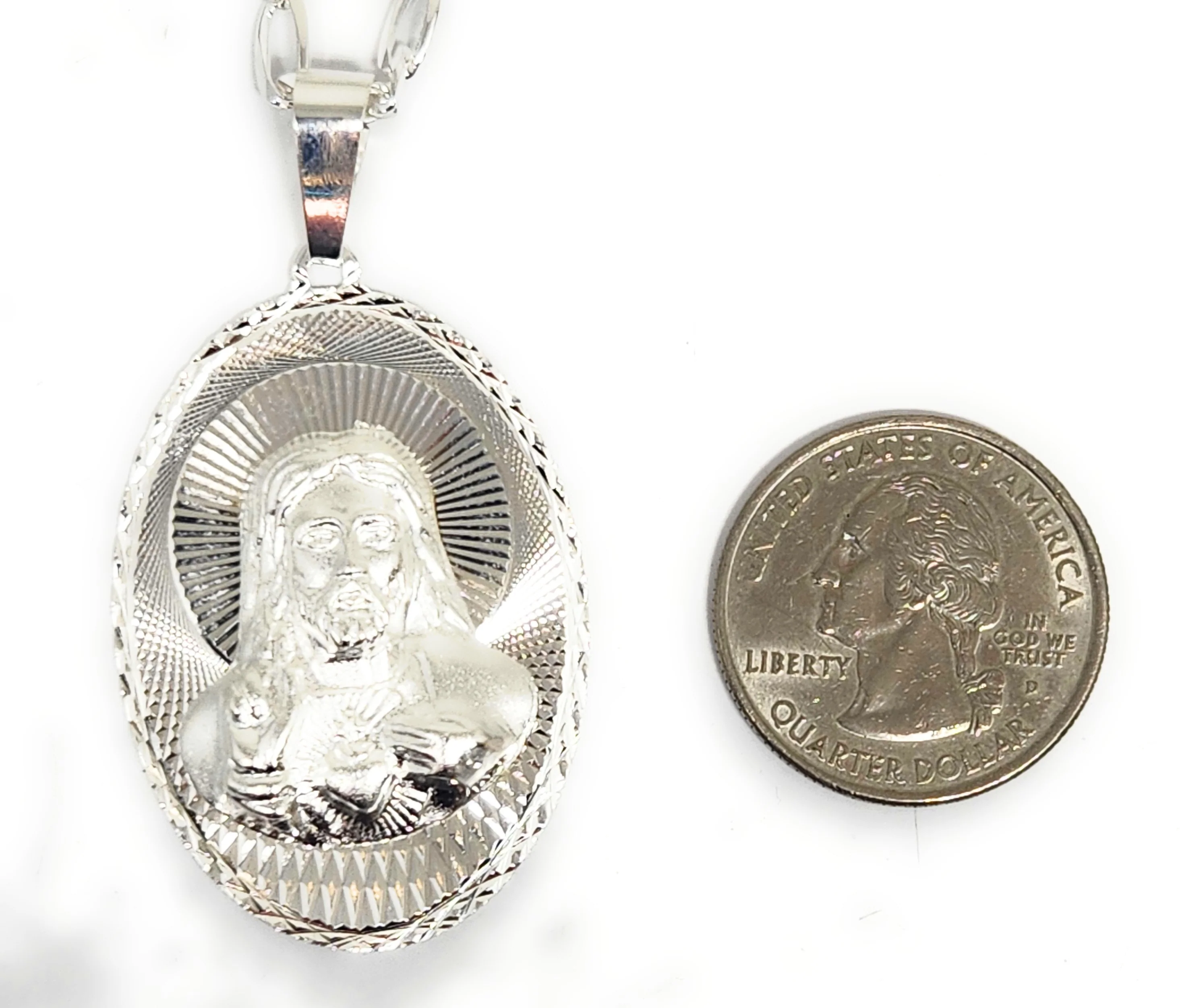 .925 Silver Jesus Sagrado Corazon Laser Cut OVAL Pendant Necklace - Image 2