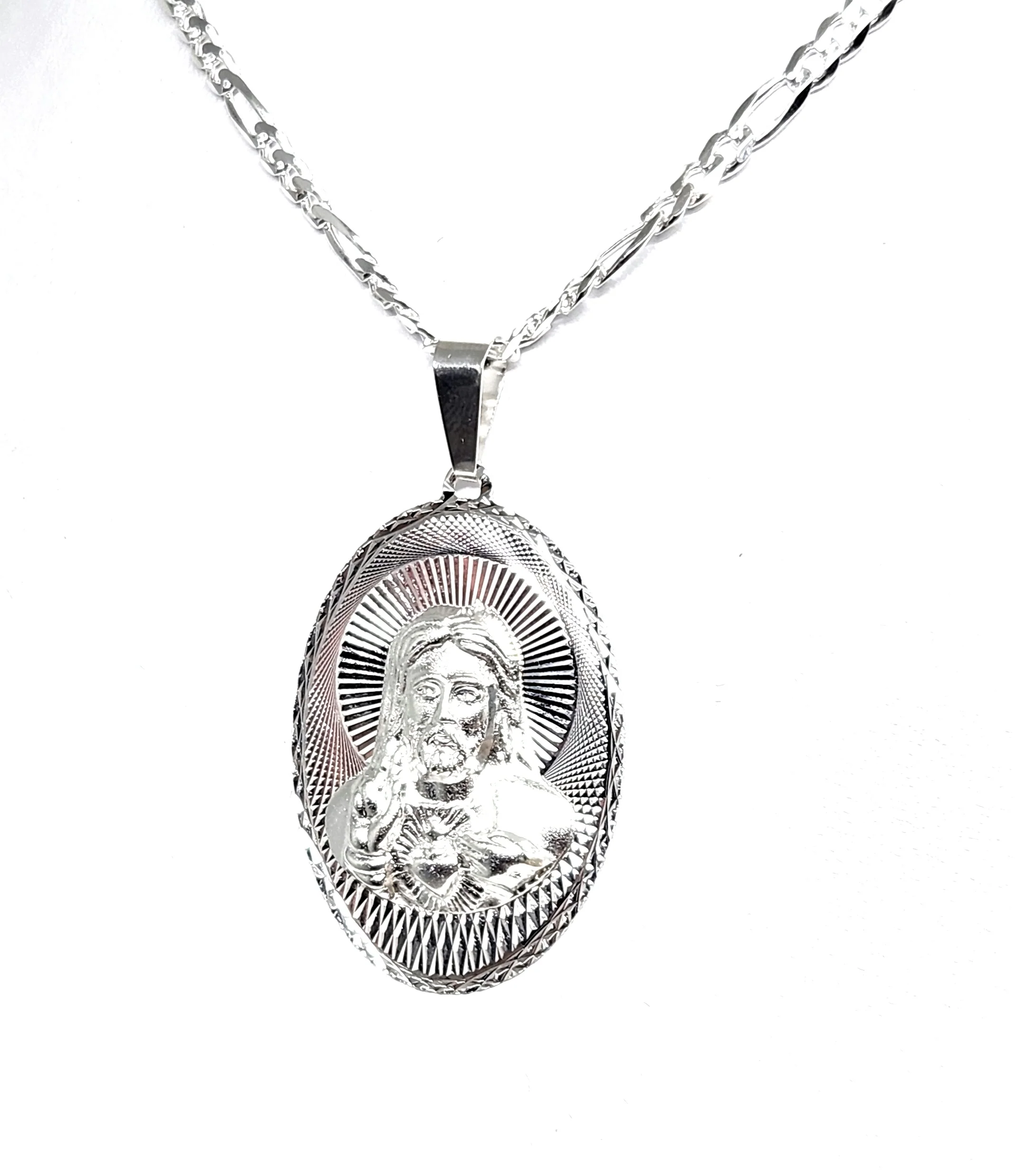 .925 Silver Jesus Sagrado Corazon Laser Cut OVAL Pendant Necklace - Image 3