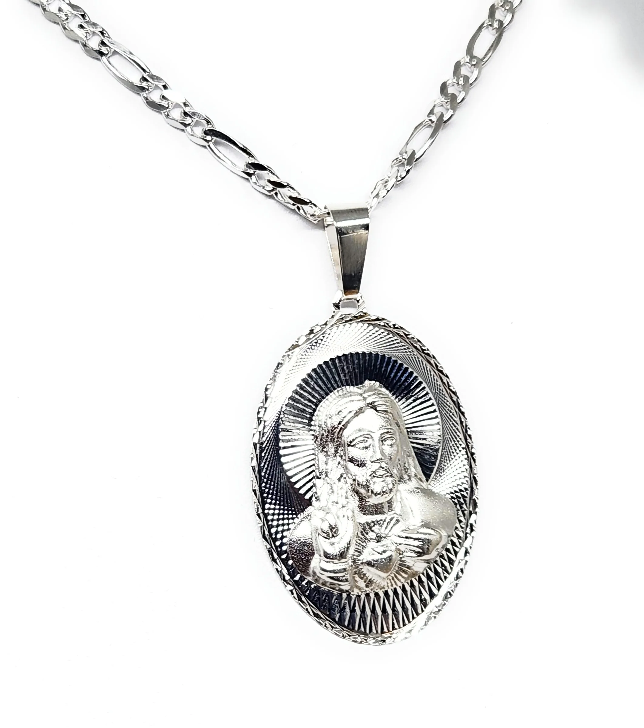 .925 Silver Jesus Sagrado Corazon Laser Cut OVAL Pendant Necklace - Image 4