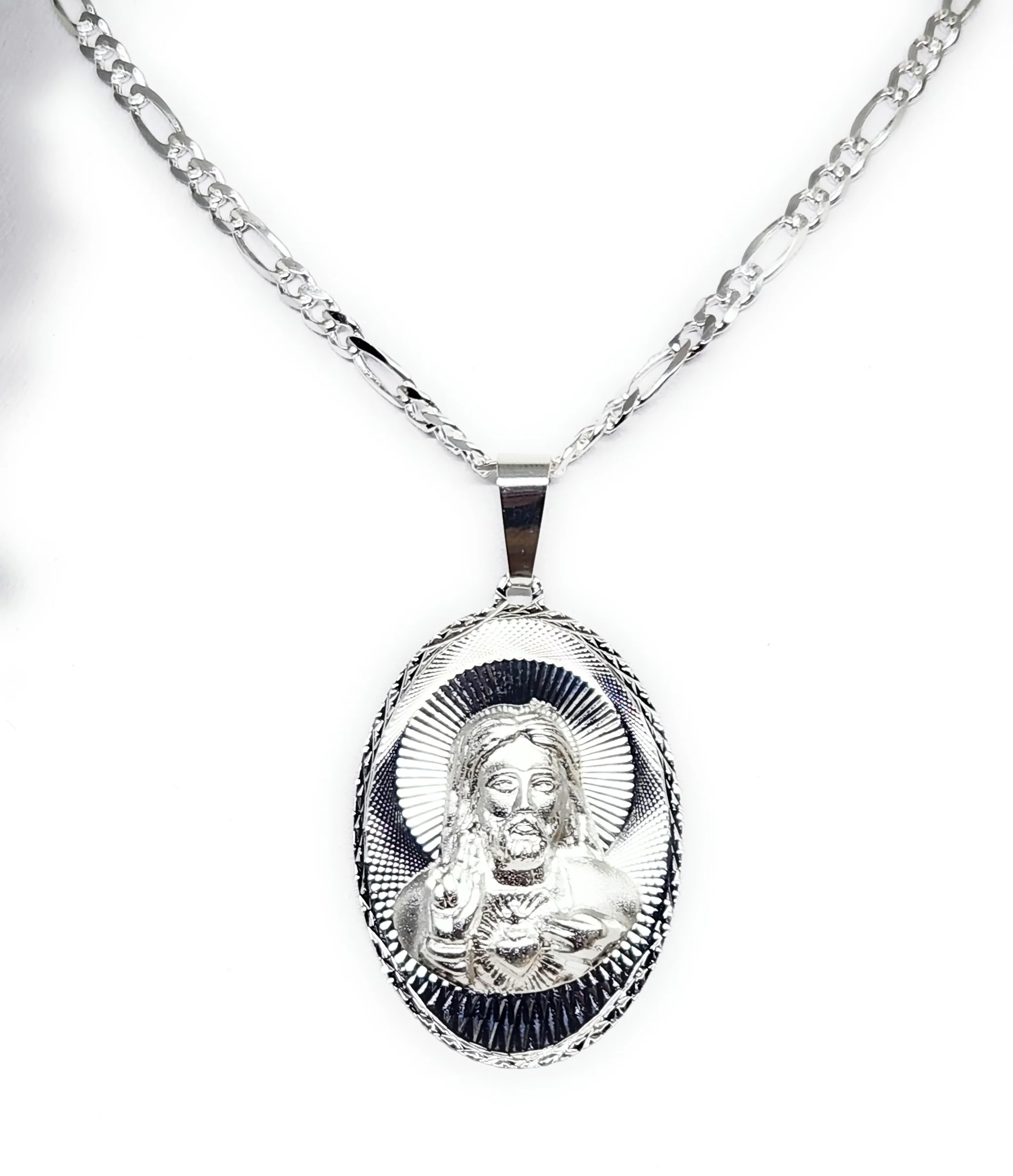 .925 Silver Jesus Sagrado Corazon Laser Cut OVAL Pendant Necklace - Image 5