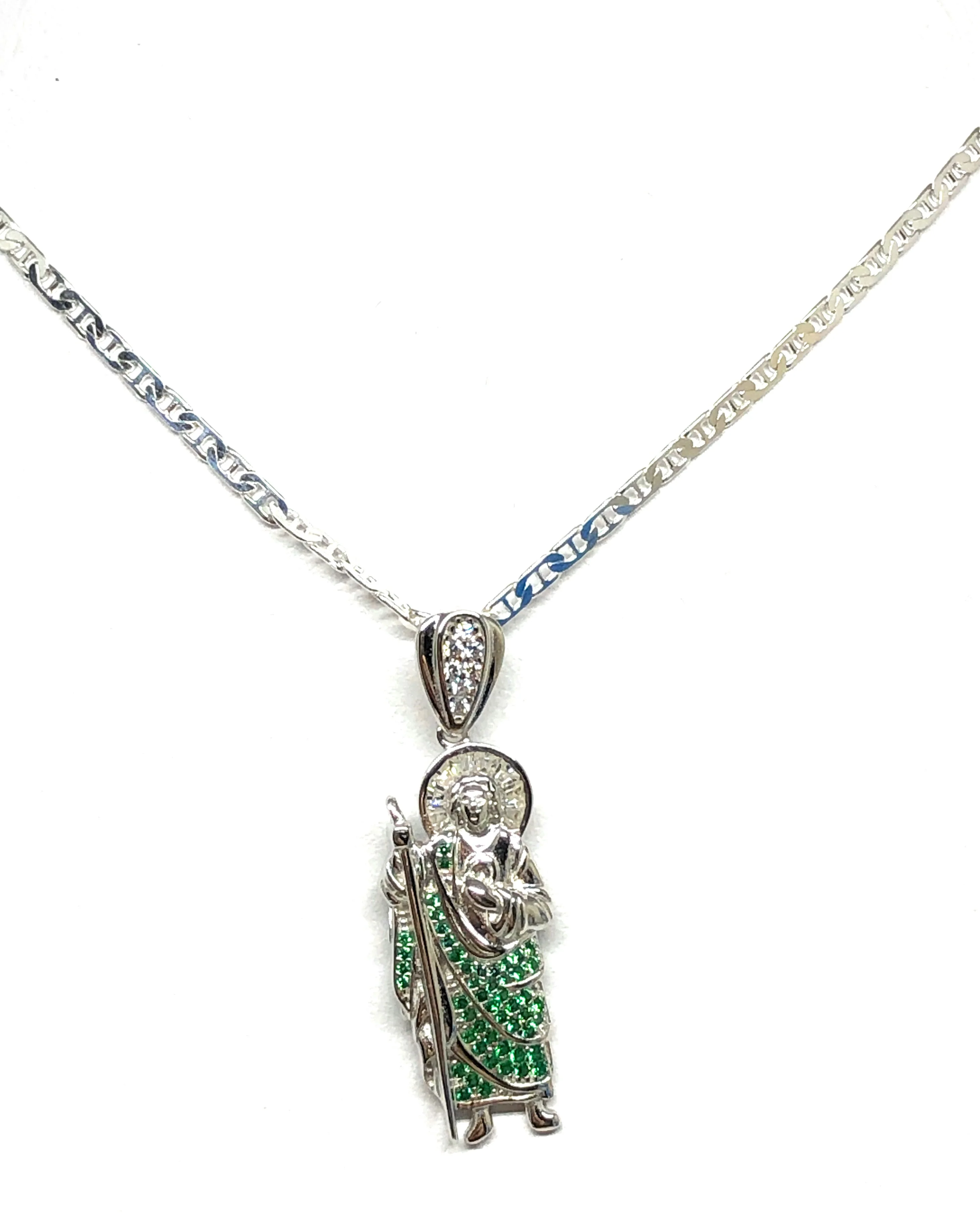 .925 Silver Saan Judas GREEN CZ Pendant Necklace with Valentina Chain (SM) - Image 7