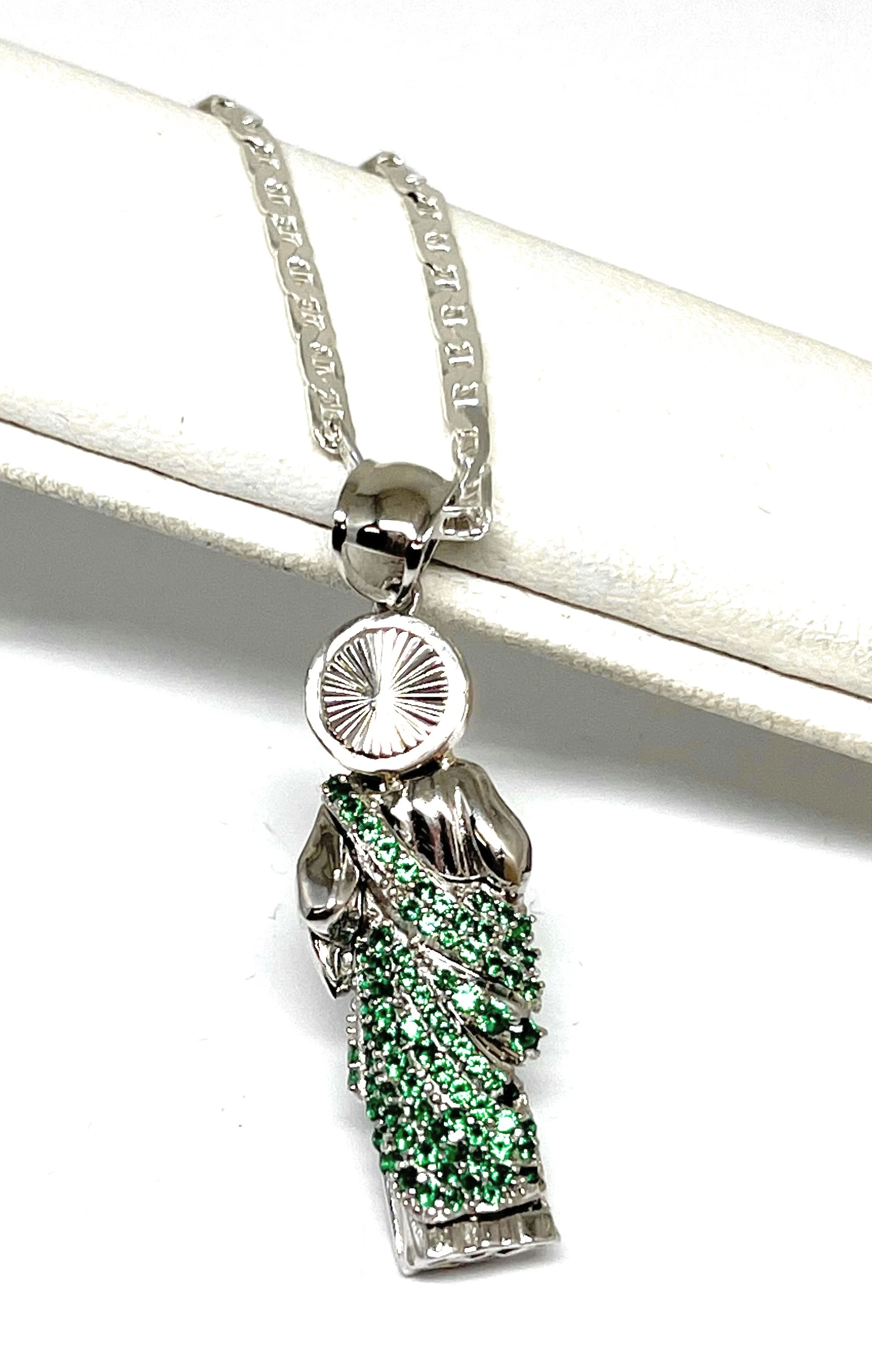 .925 Silver Saan Judas GREEN CZ Saaint Jude 3D Pendant Green CZ Full 3D Statue (SM,LG) - Image 3